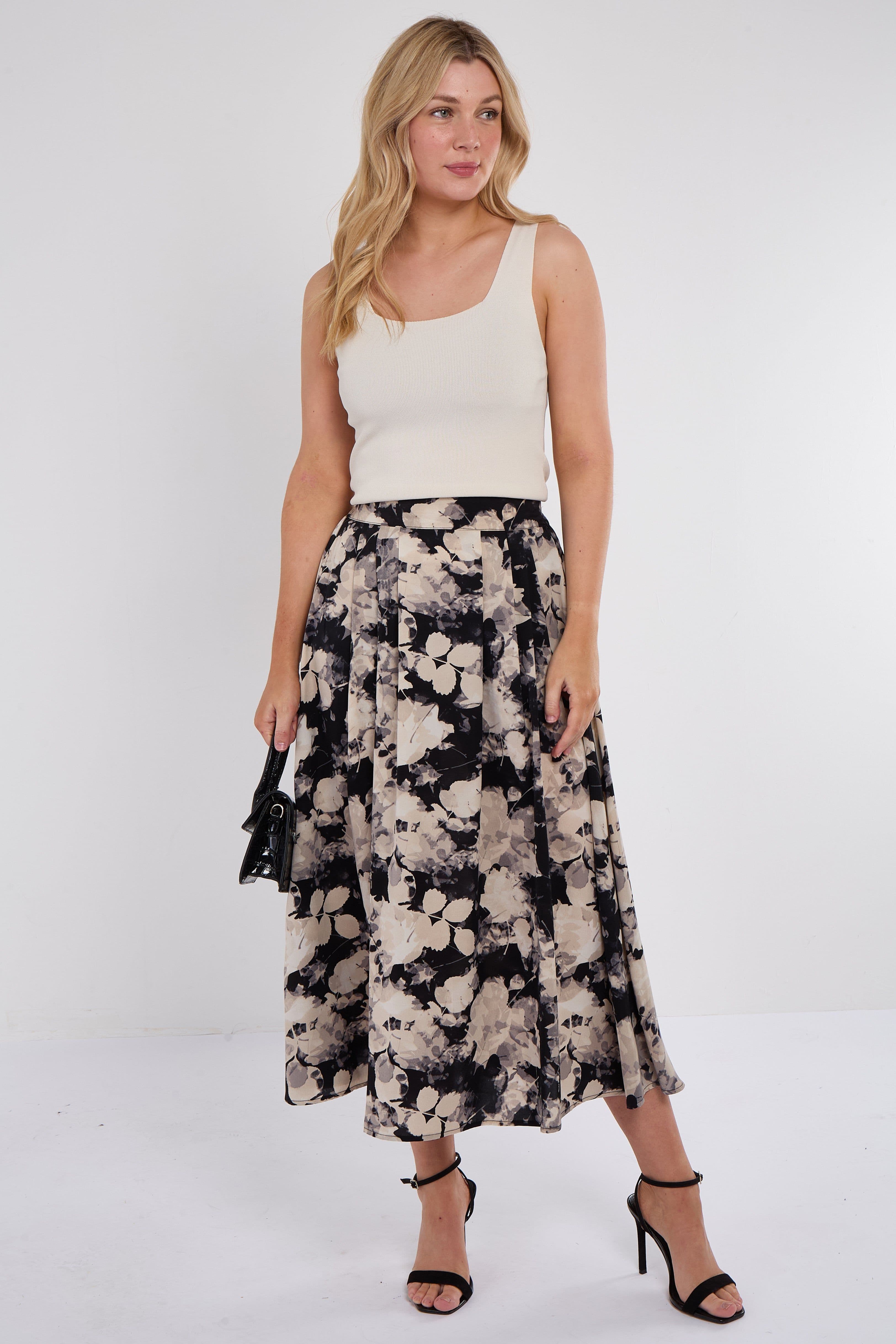 Floral Print Pleated Midi Skirt