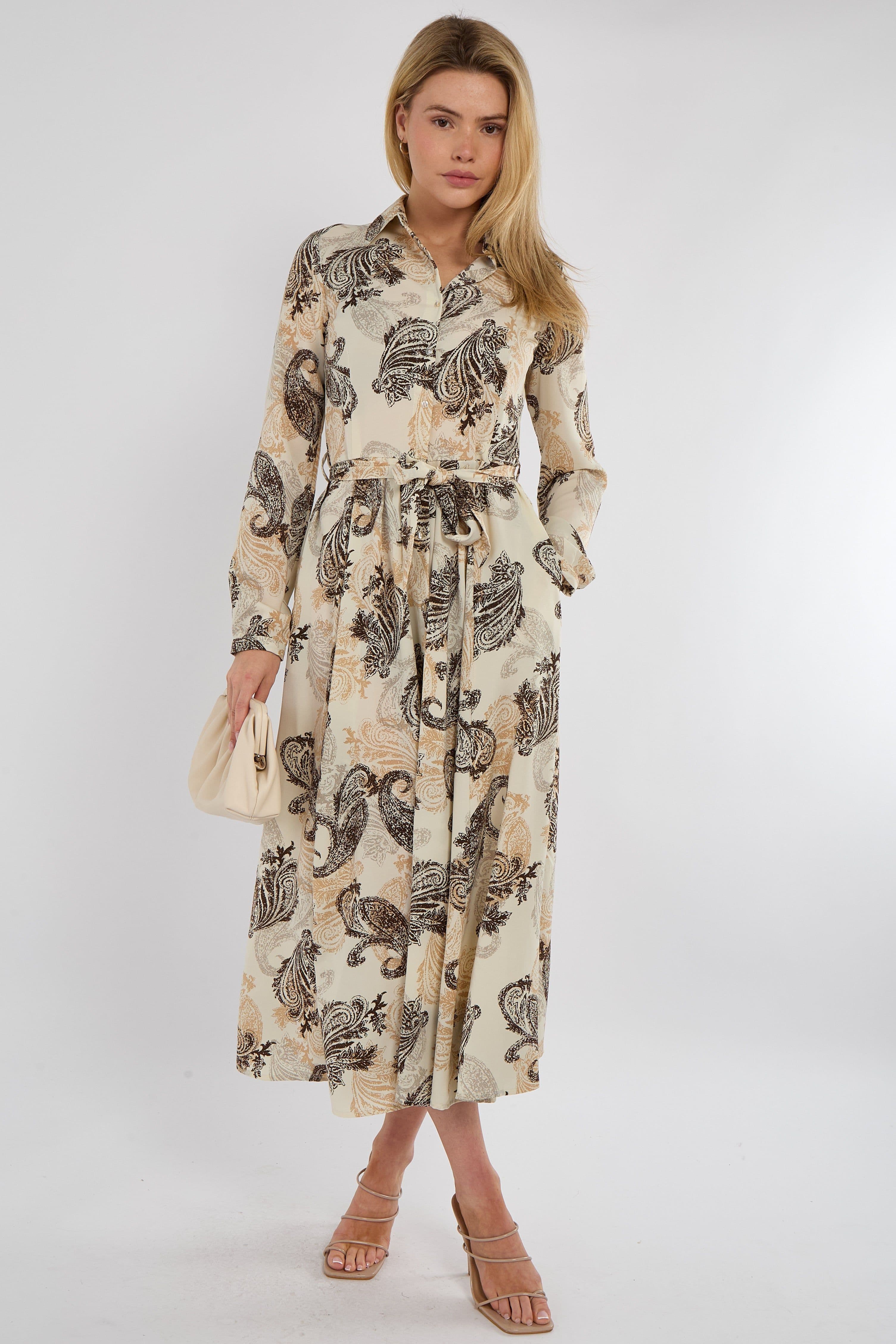 Paisley Print Long Sleeve Maxi Shirt Dress