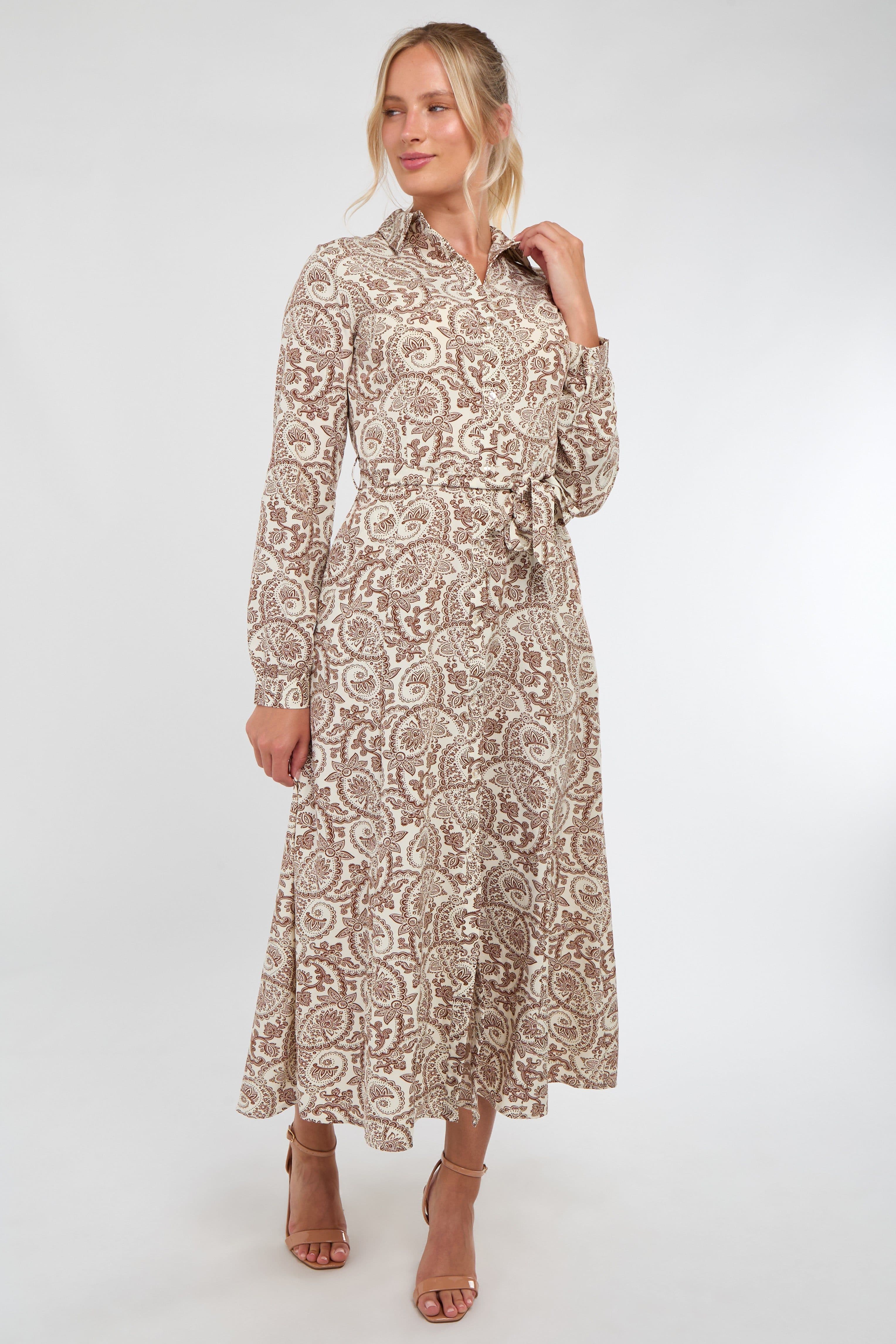 Camel & Paisley Print Maxi Shirt Dress Brown