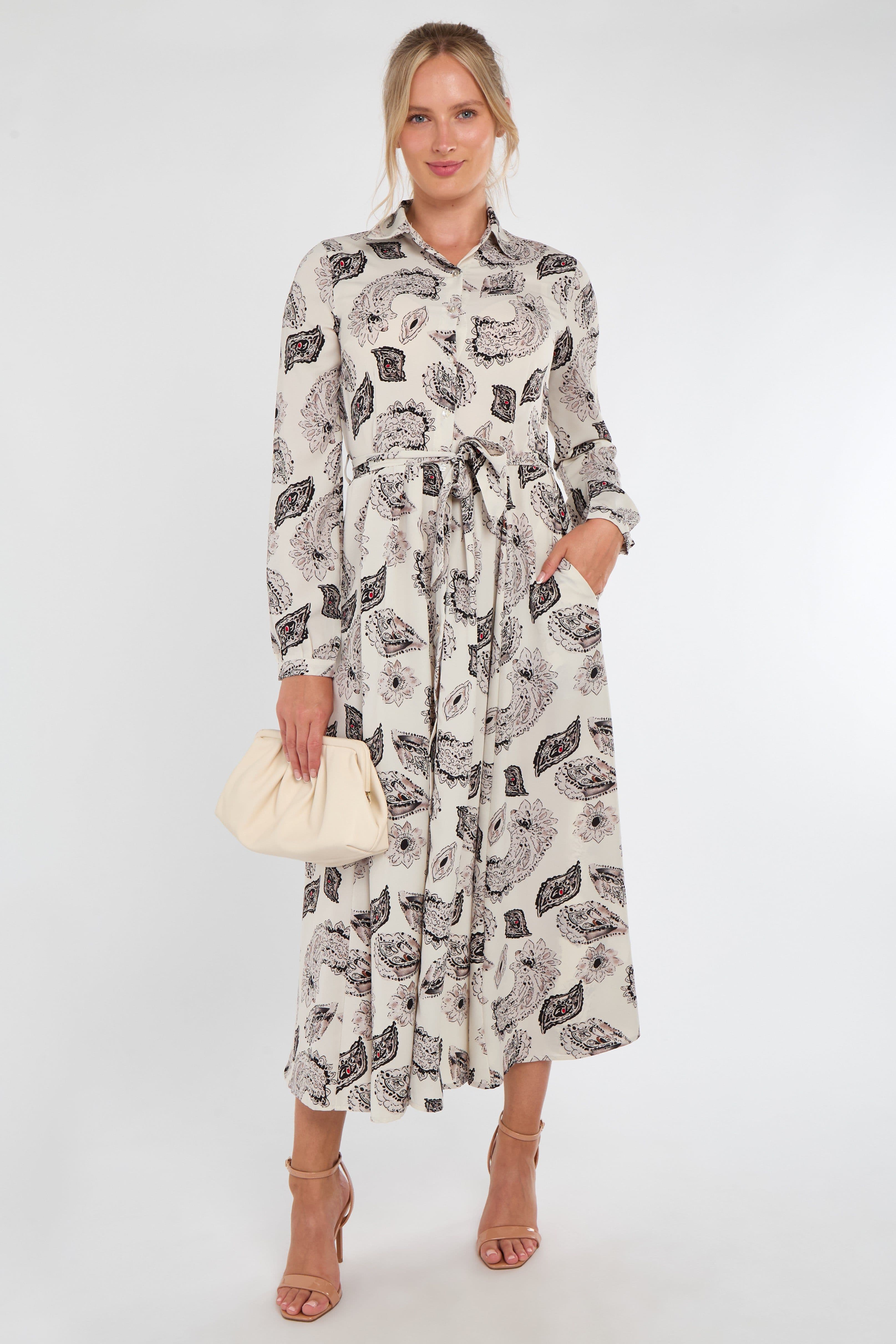 Cream & Paisley Print Maxi Shirt Dress Grey