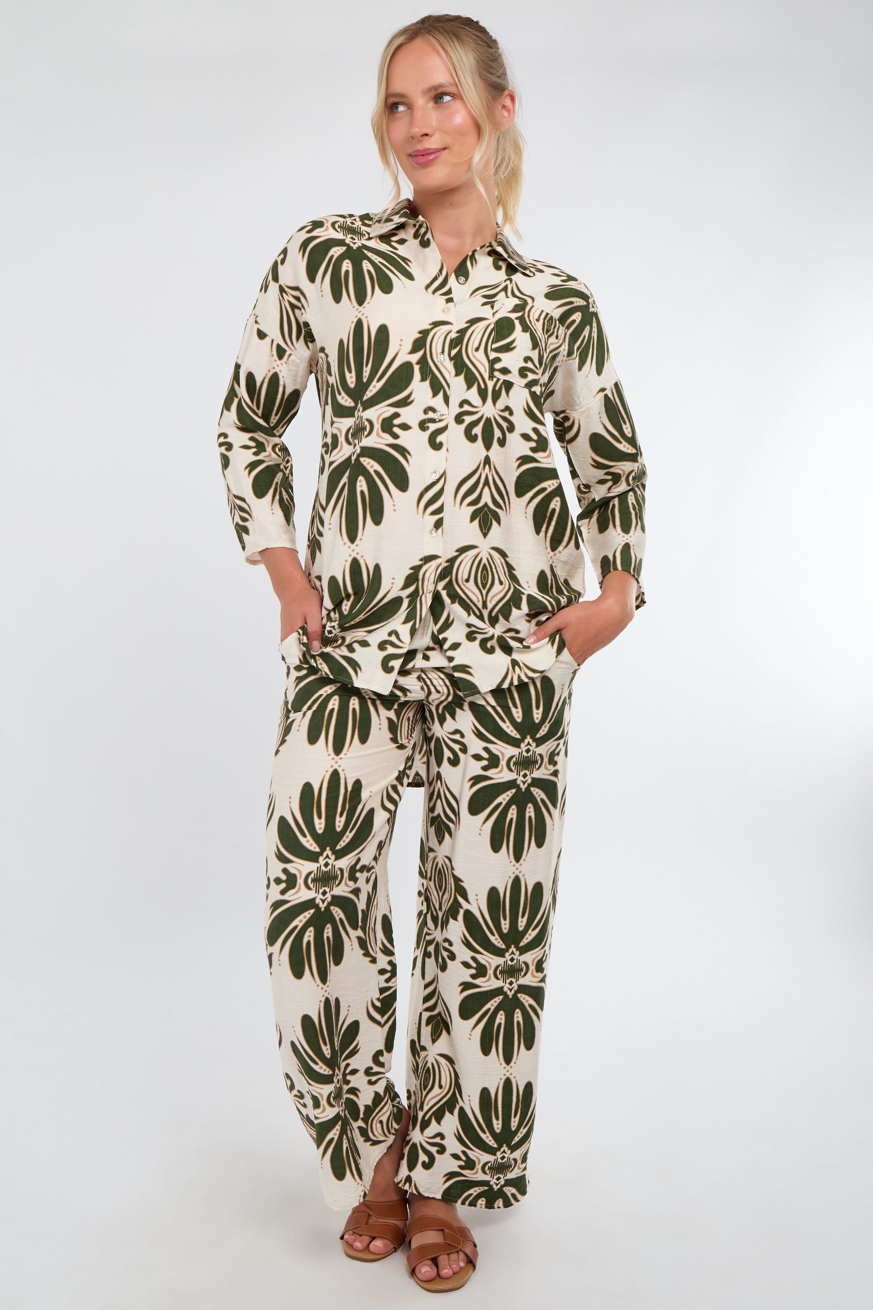 & Olive Bold Floral Print Co Ord Set Khaki