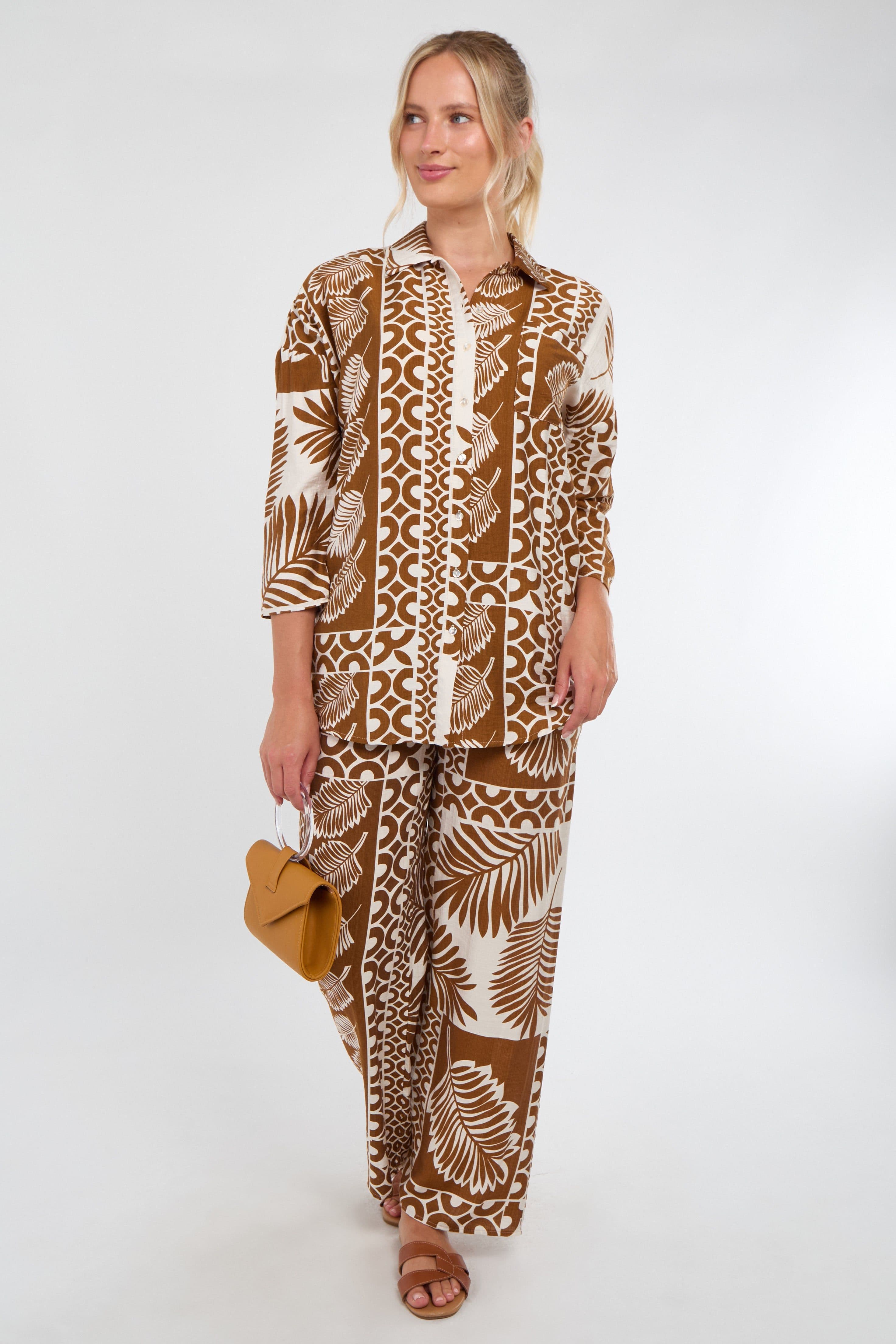 Tan & Cream Tropical Patch Print Co Ord Set