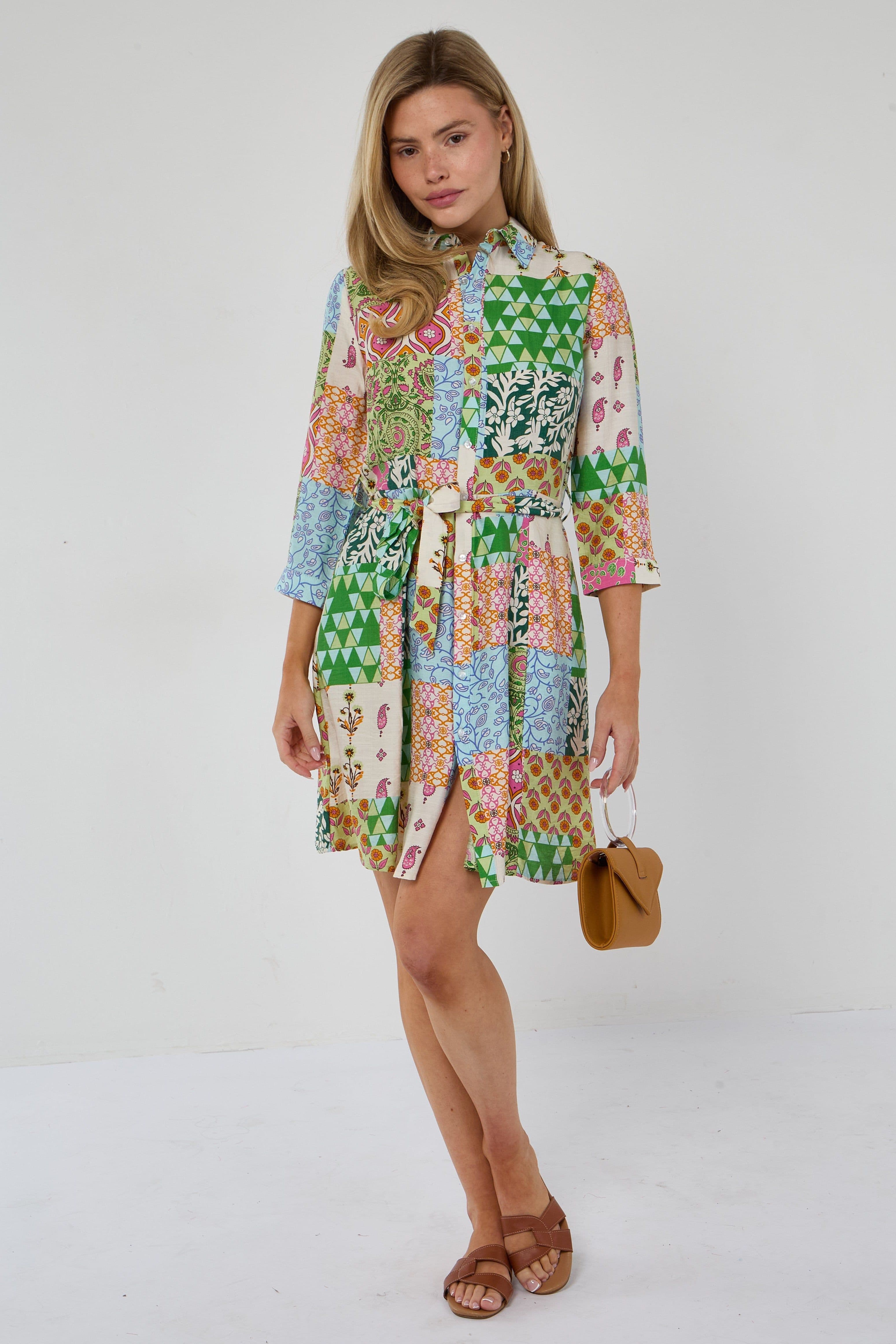 Multicolour Patchwork Print Mini Shirt Dress