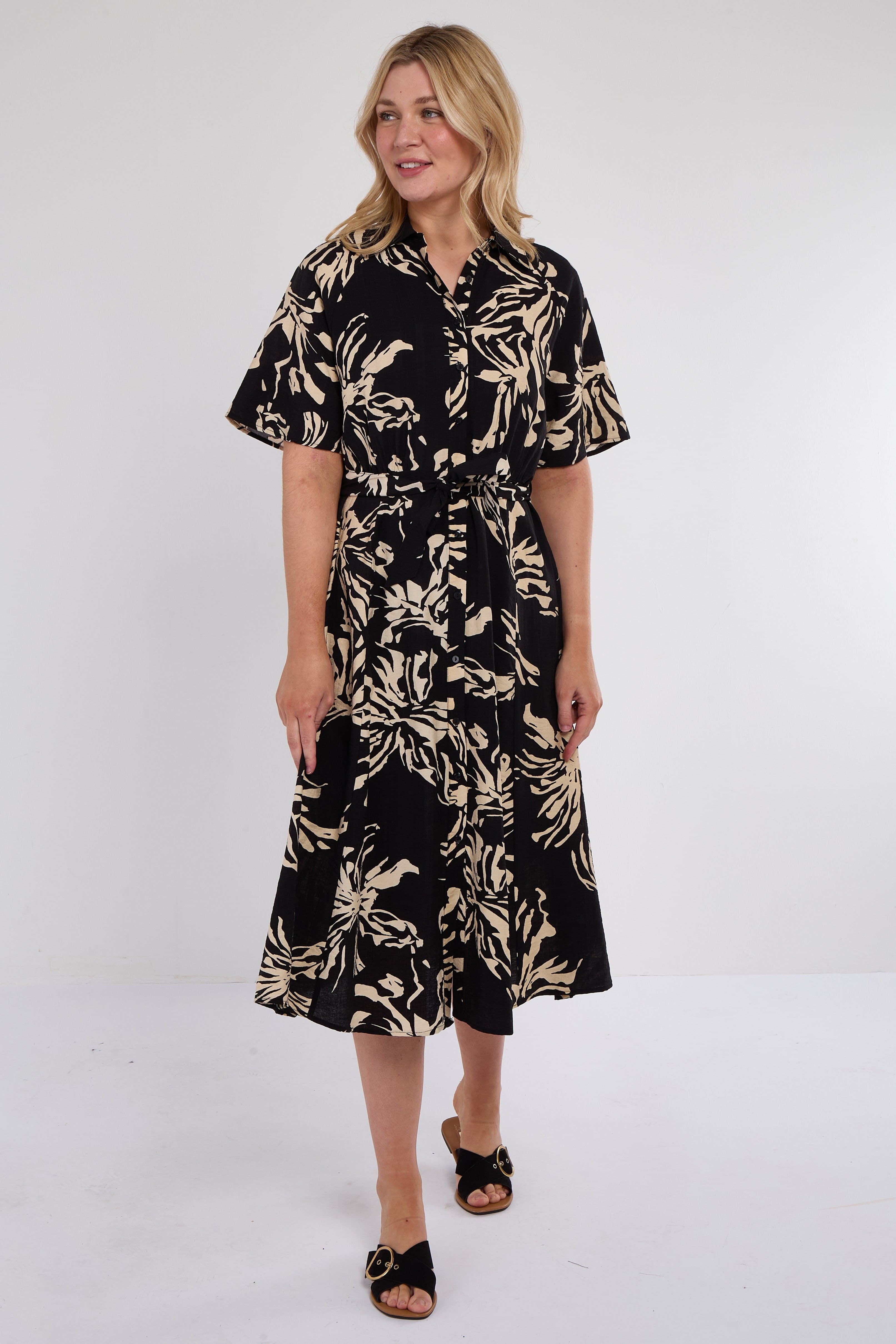 Abstract Floral Print Short Sleeve Midi Dress
