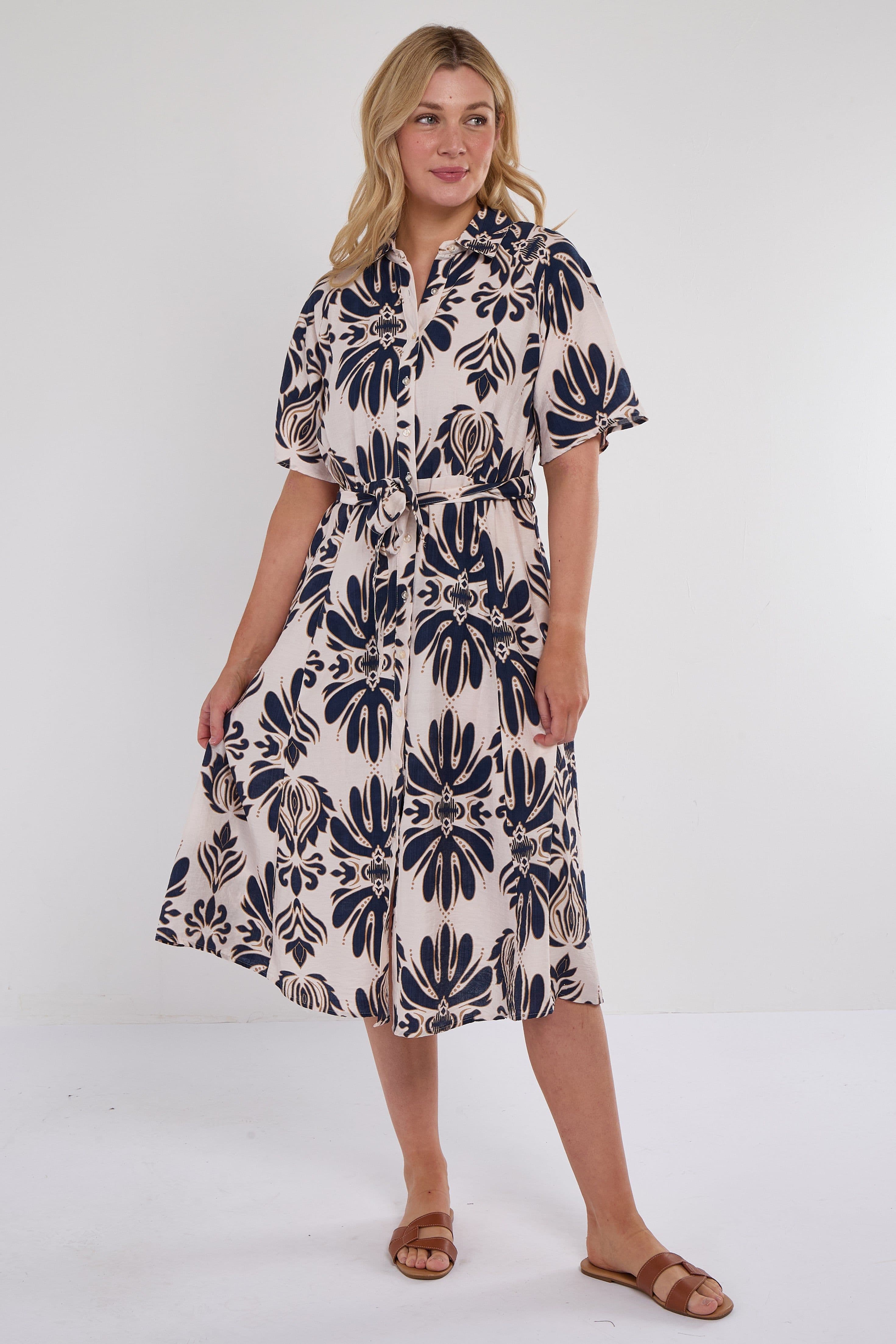 Abstract Print Short Sleeve Midi Dress Beige