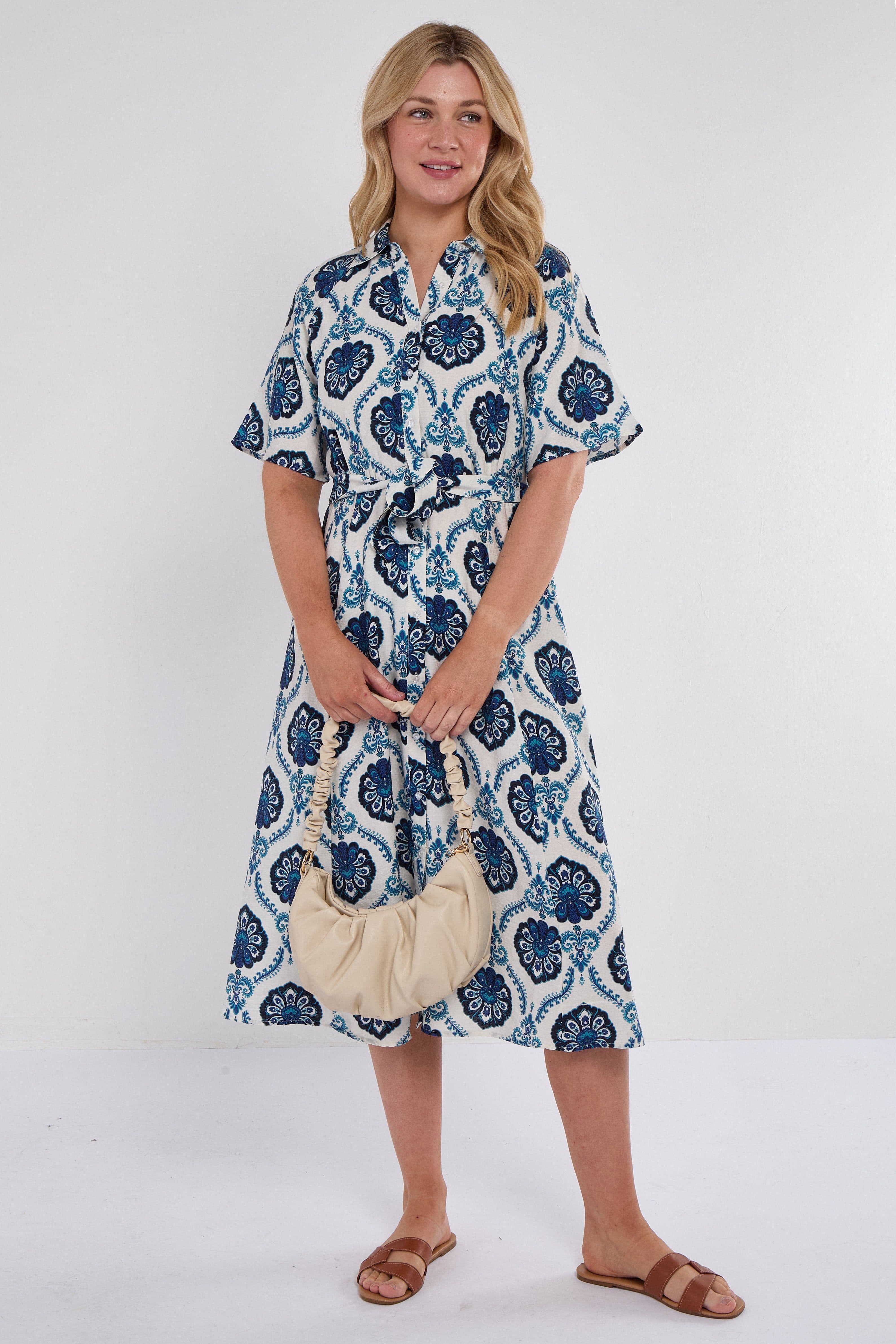 Floral Tile Print Short Sleeve Midi Shirt Dress Blue
