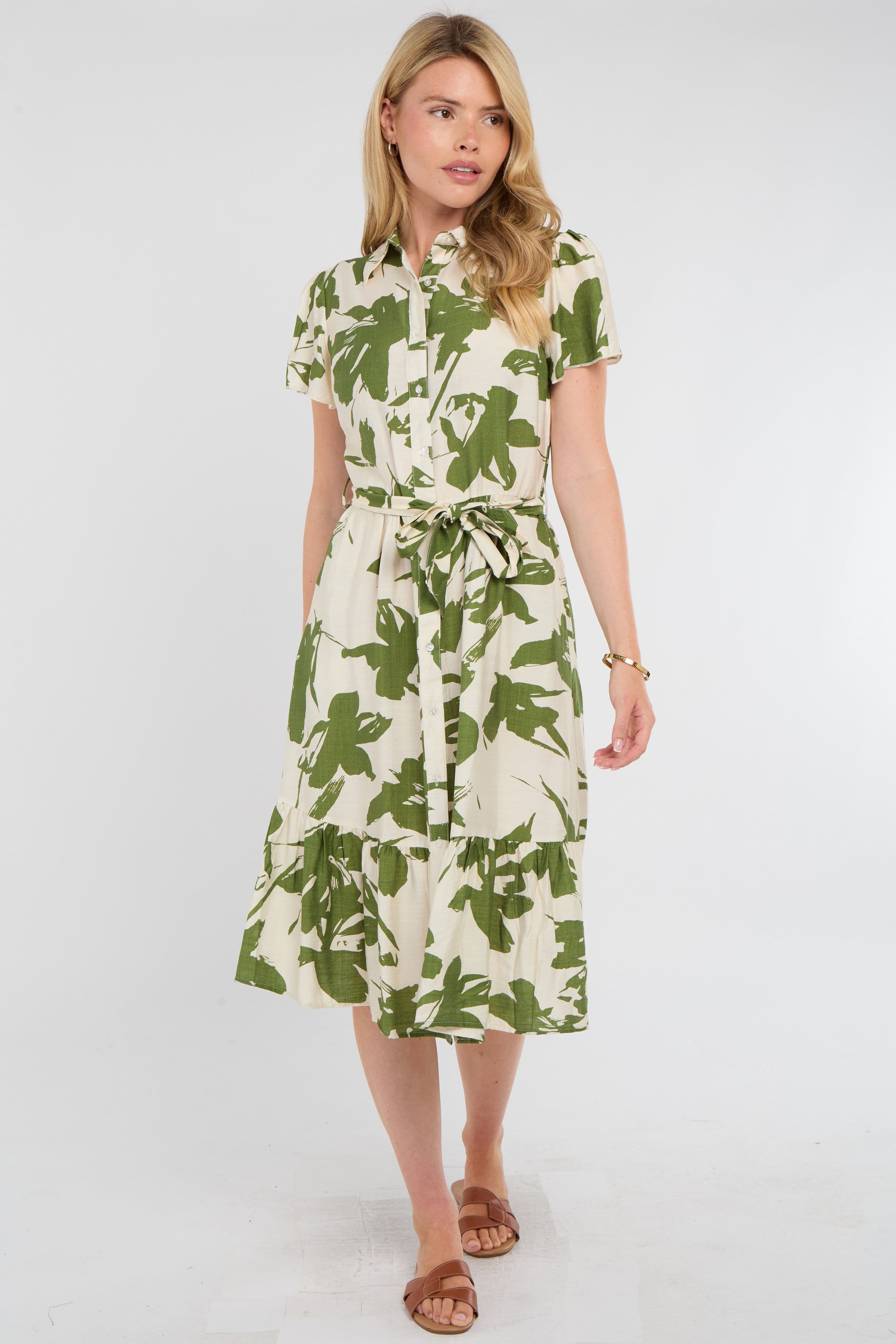 Botanical Leaf Print Tiered Midi Shirt Dress