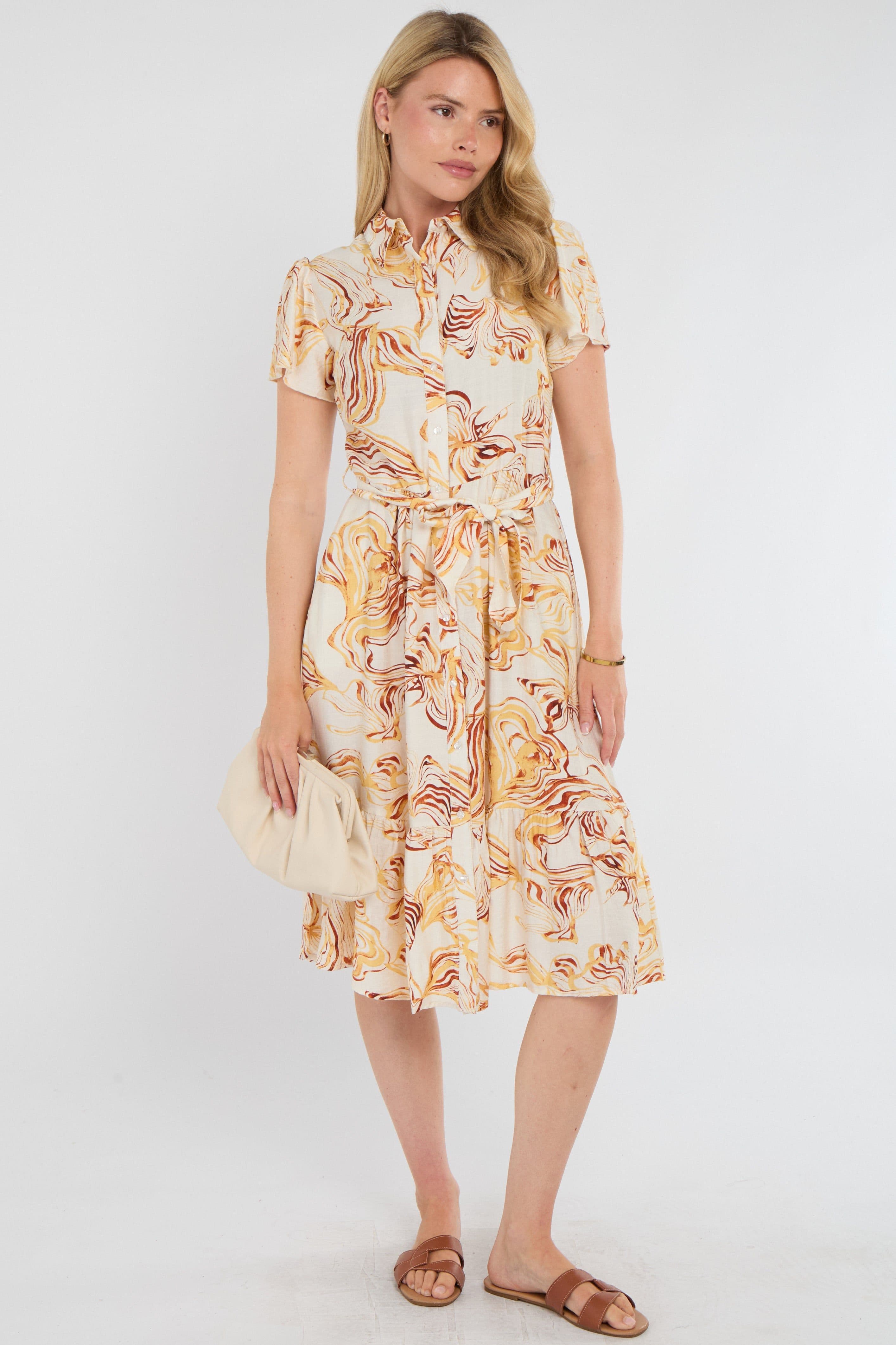 Swirl Print Frilled Hem Midi Dress