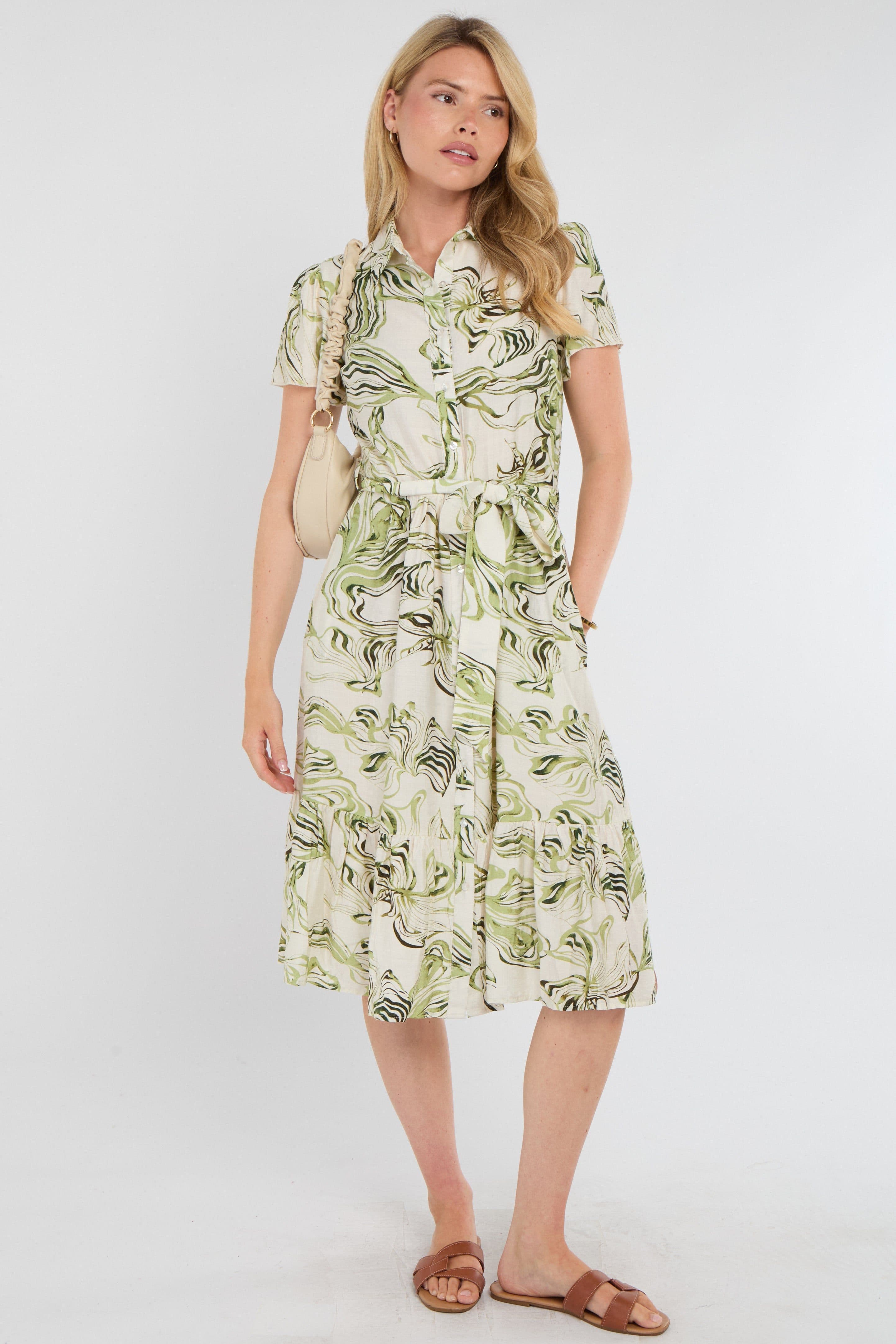 Swirl Print Linen Blend Frilled Hem Midi Dress