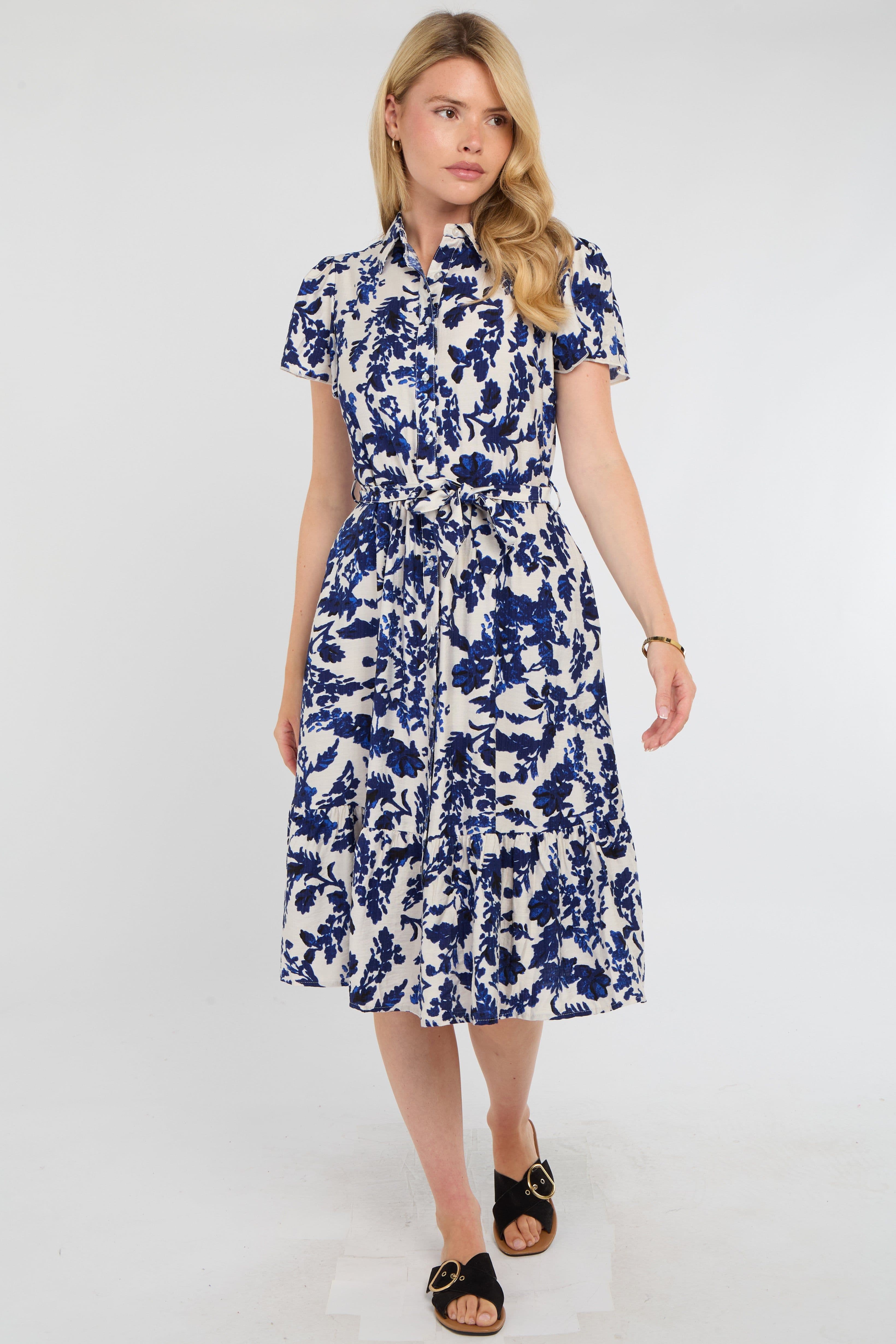 Cobalt Leaf Print Linen Blend Midi Shirt Dress