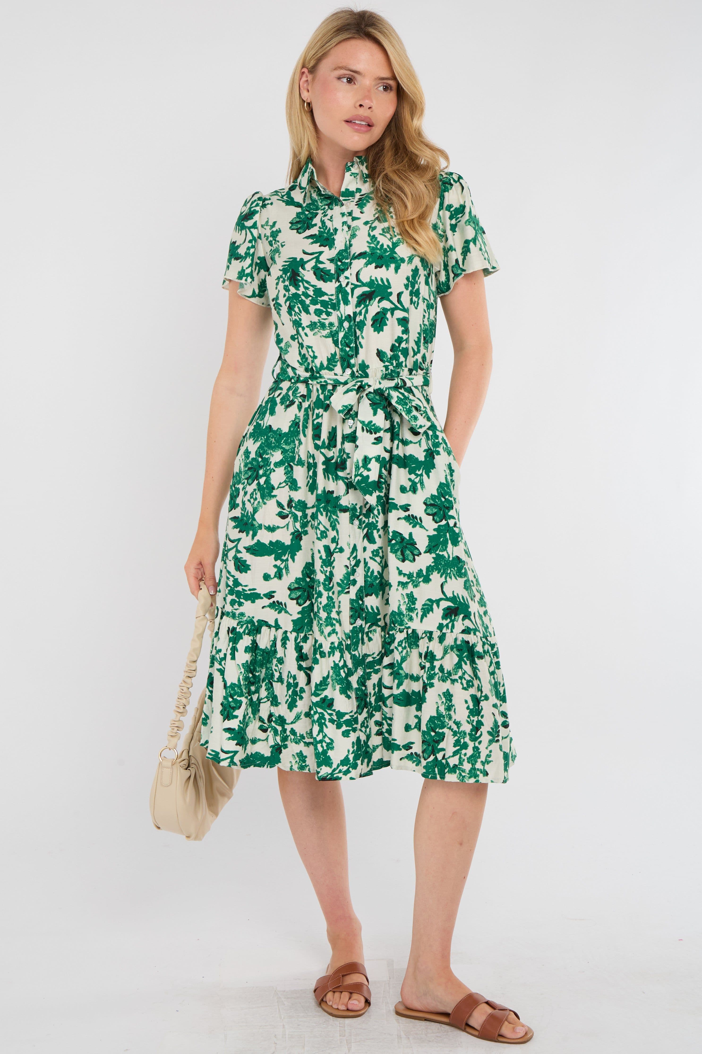Leaf Print Linen Blend Midi Shirt Dress