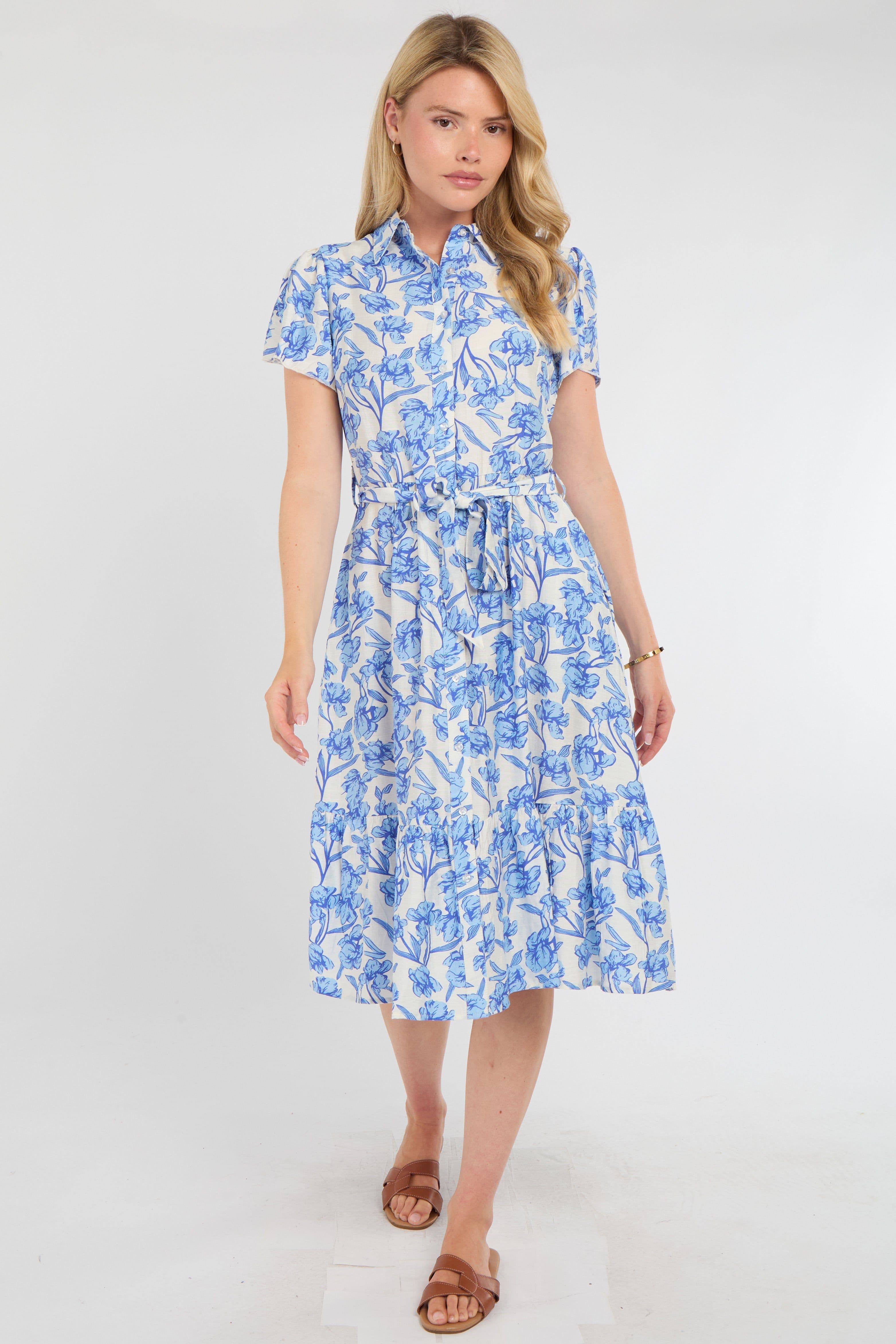 Cornflower Floral Print Midi Shirt Dress