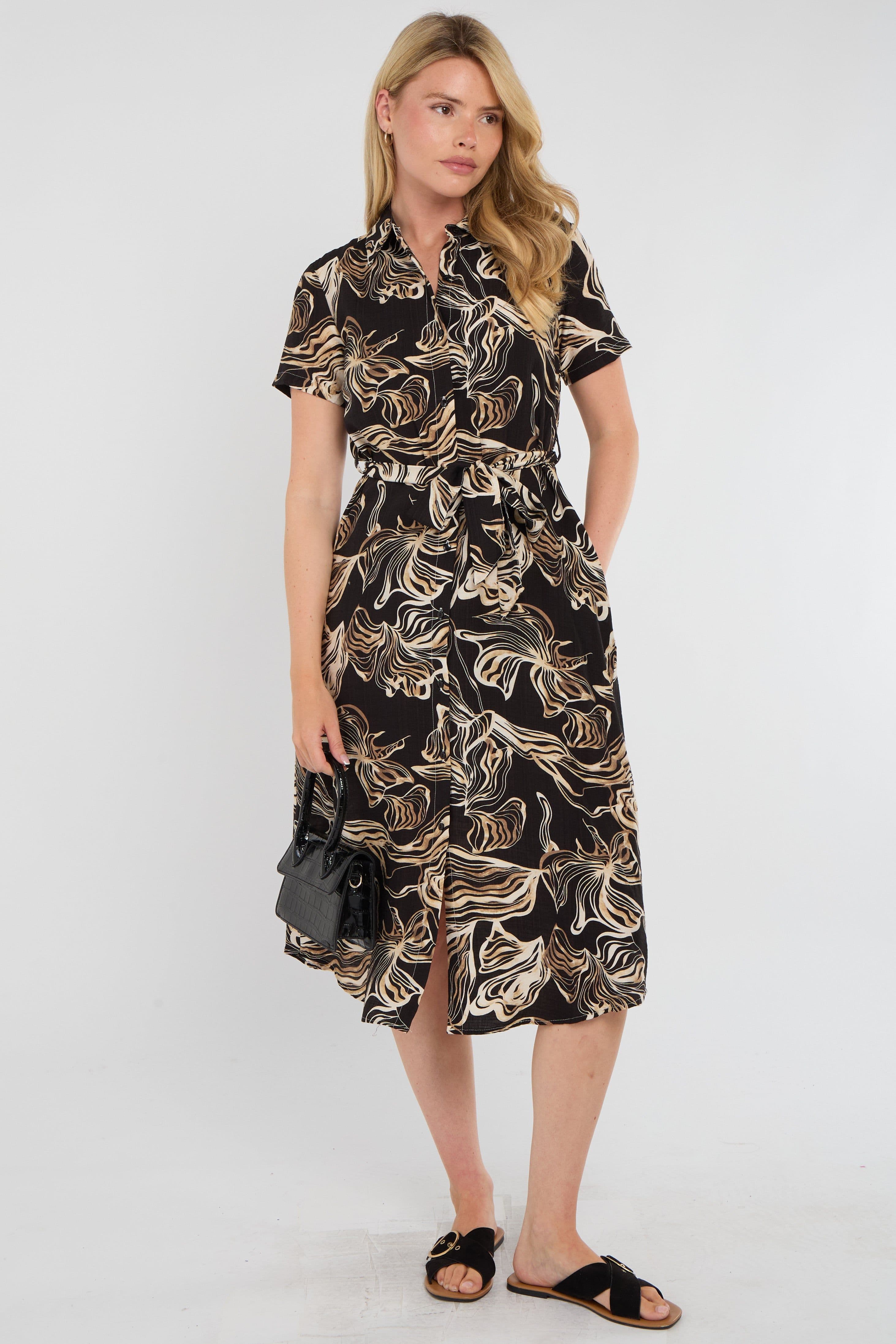 Swirl Print Short Sleeve Midi Shirt Dress