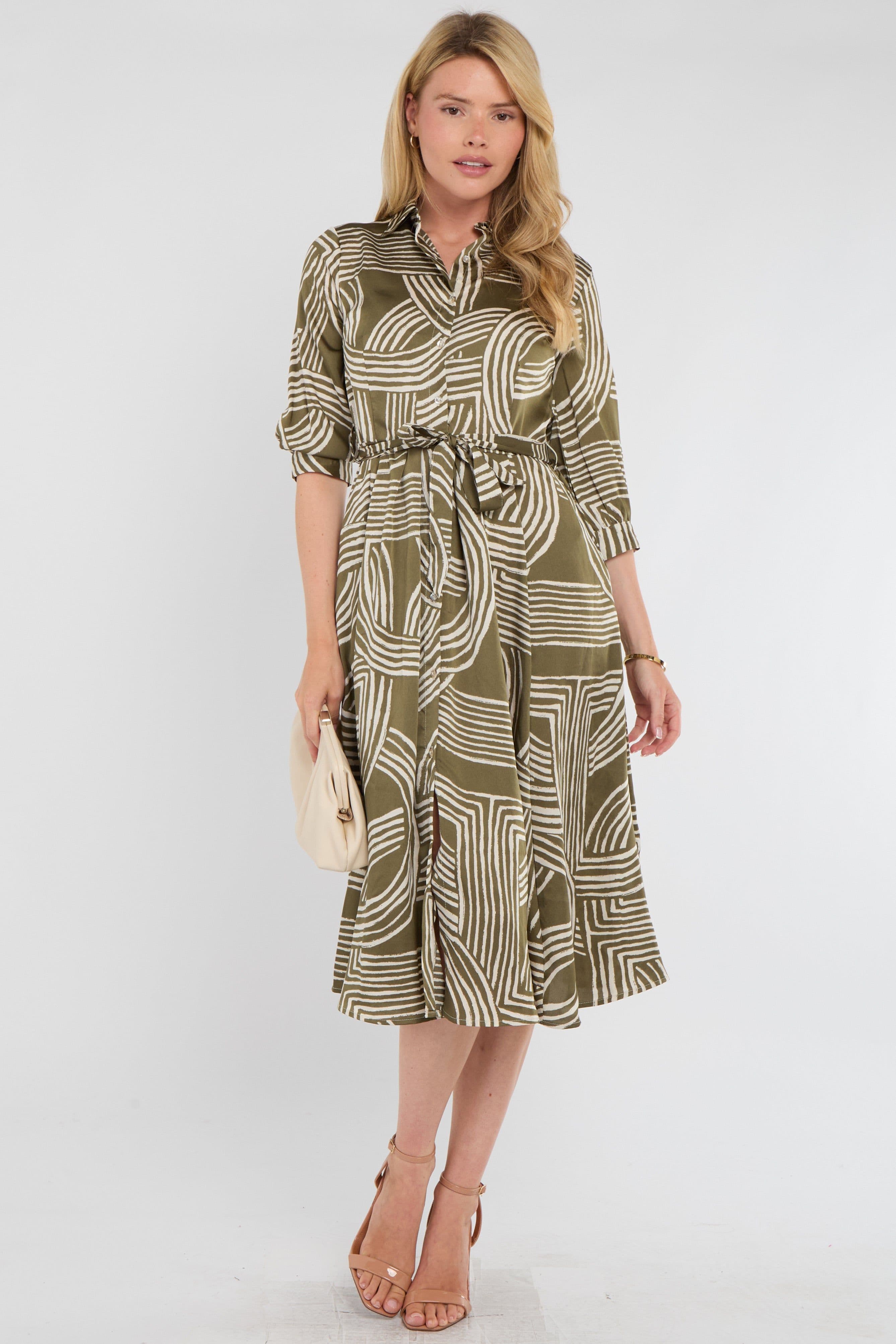 Geometric Print Half Sleeve Midi Shirt Dress