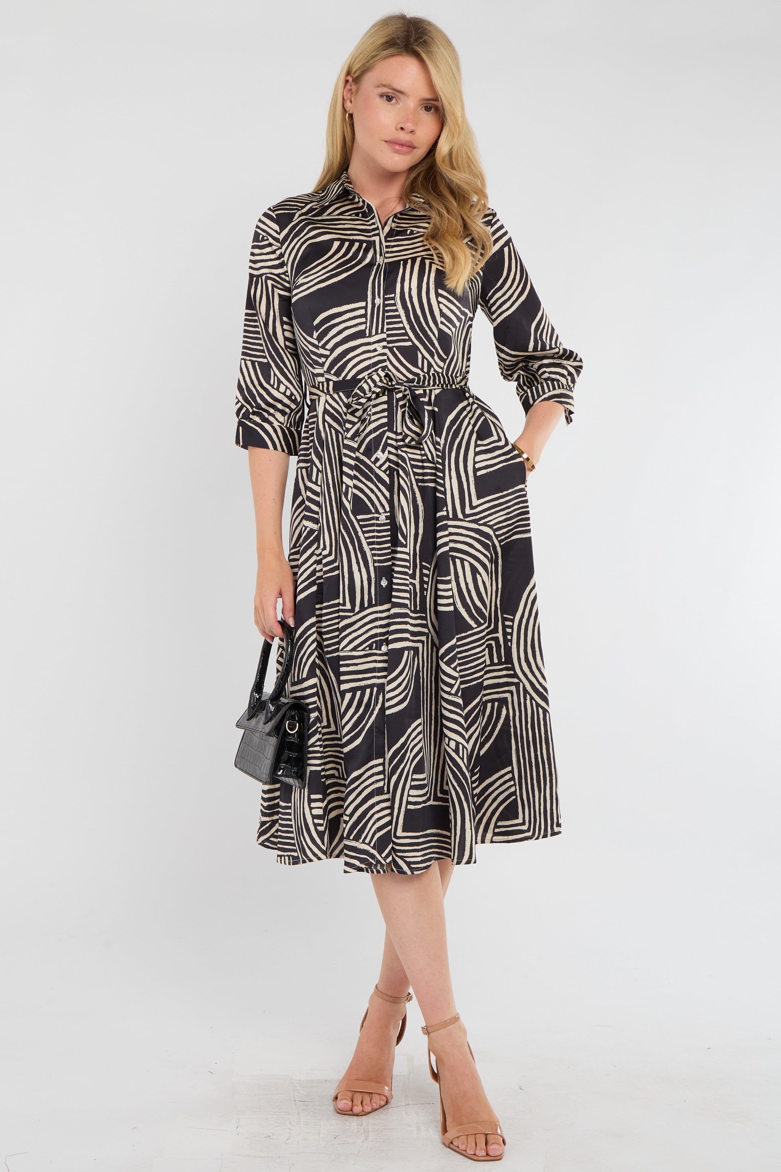 Geometric Print Half Sleeve Midi Shirt Dress