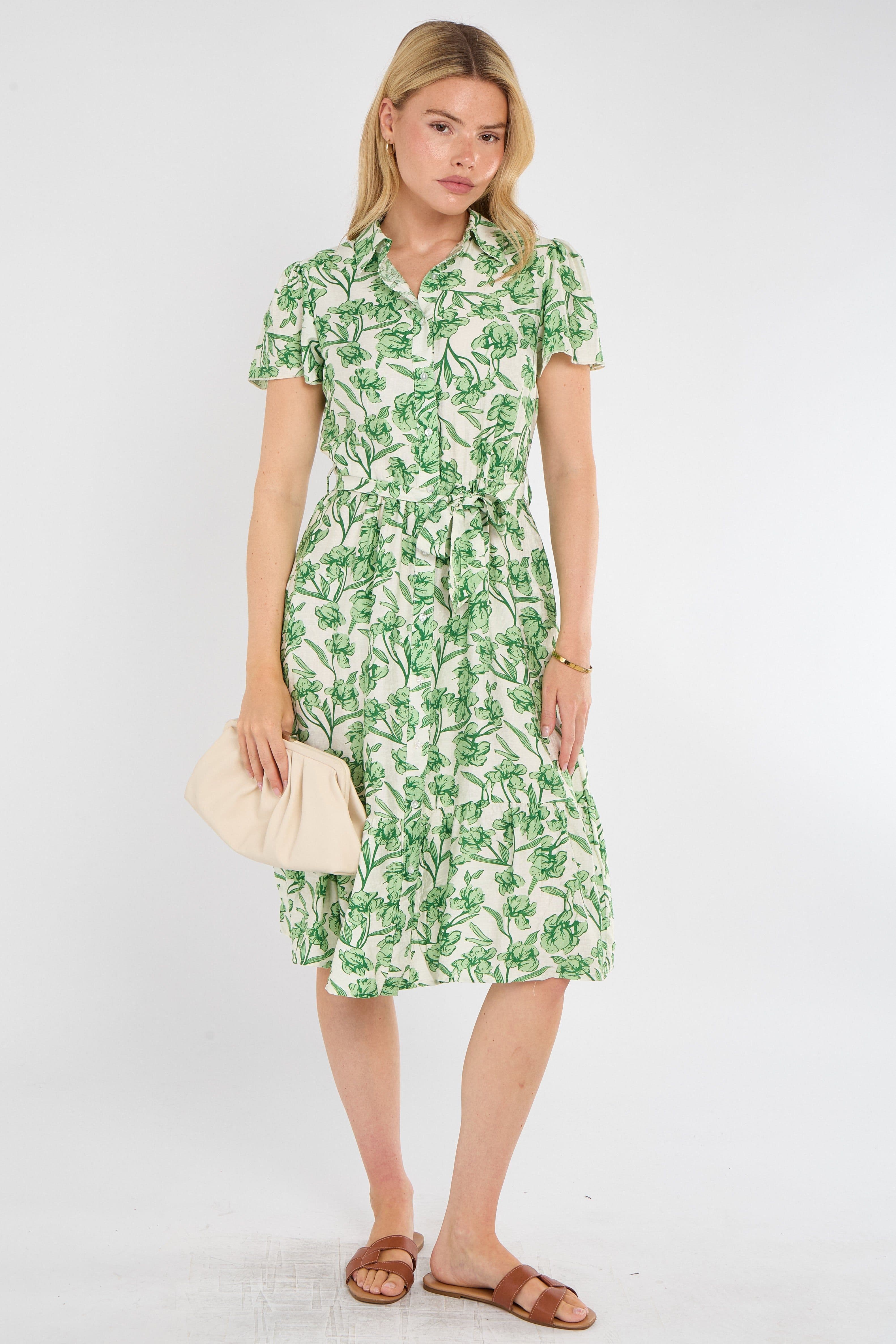 Fresh Floral Print Midi Shirt Dress