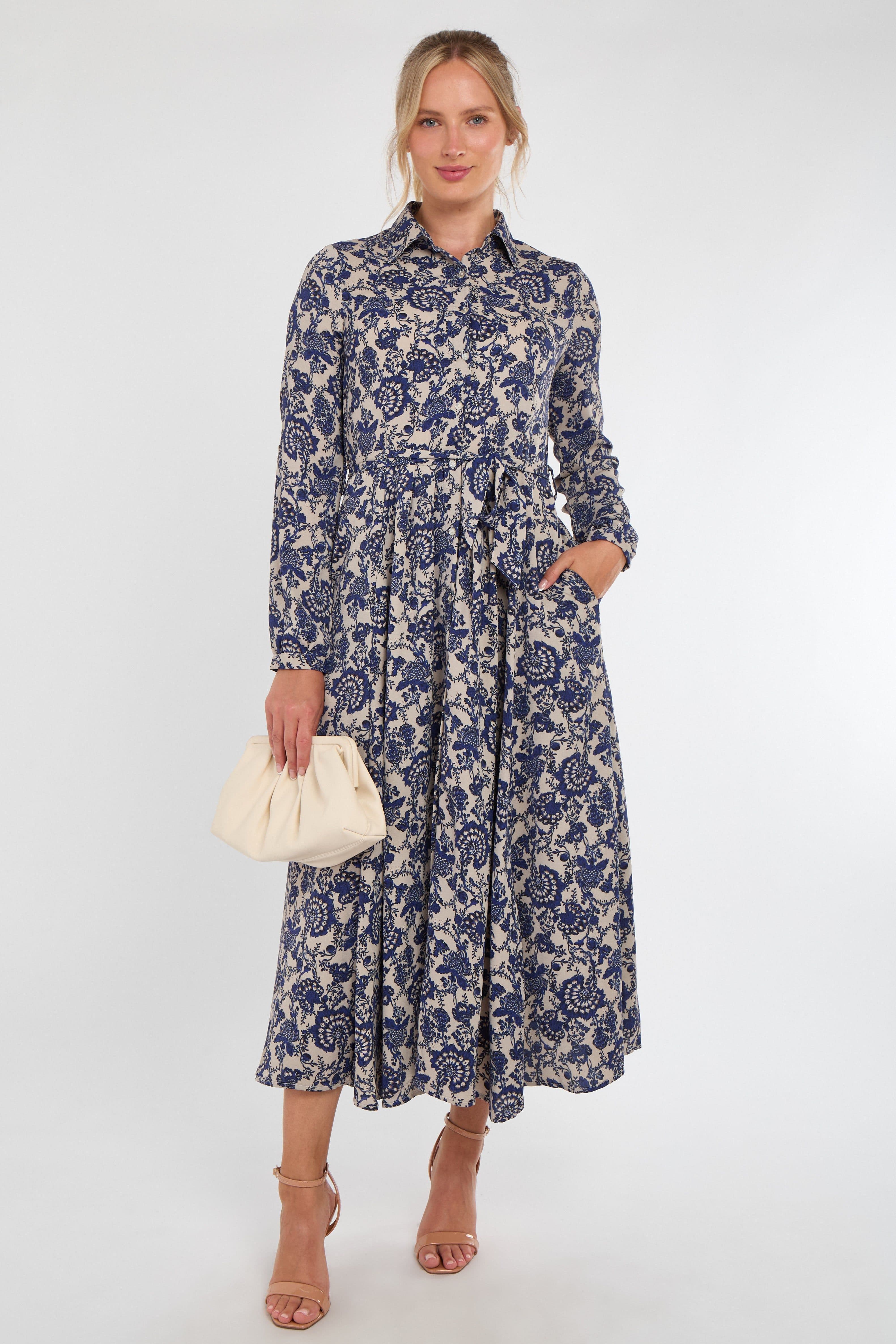 Floral Paisley Print Long Sleeve Maxi Shirt Dress