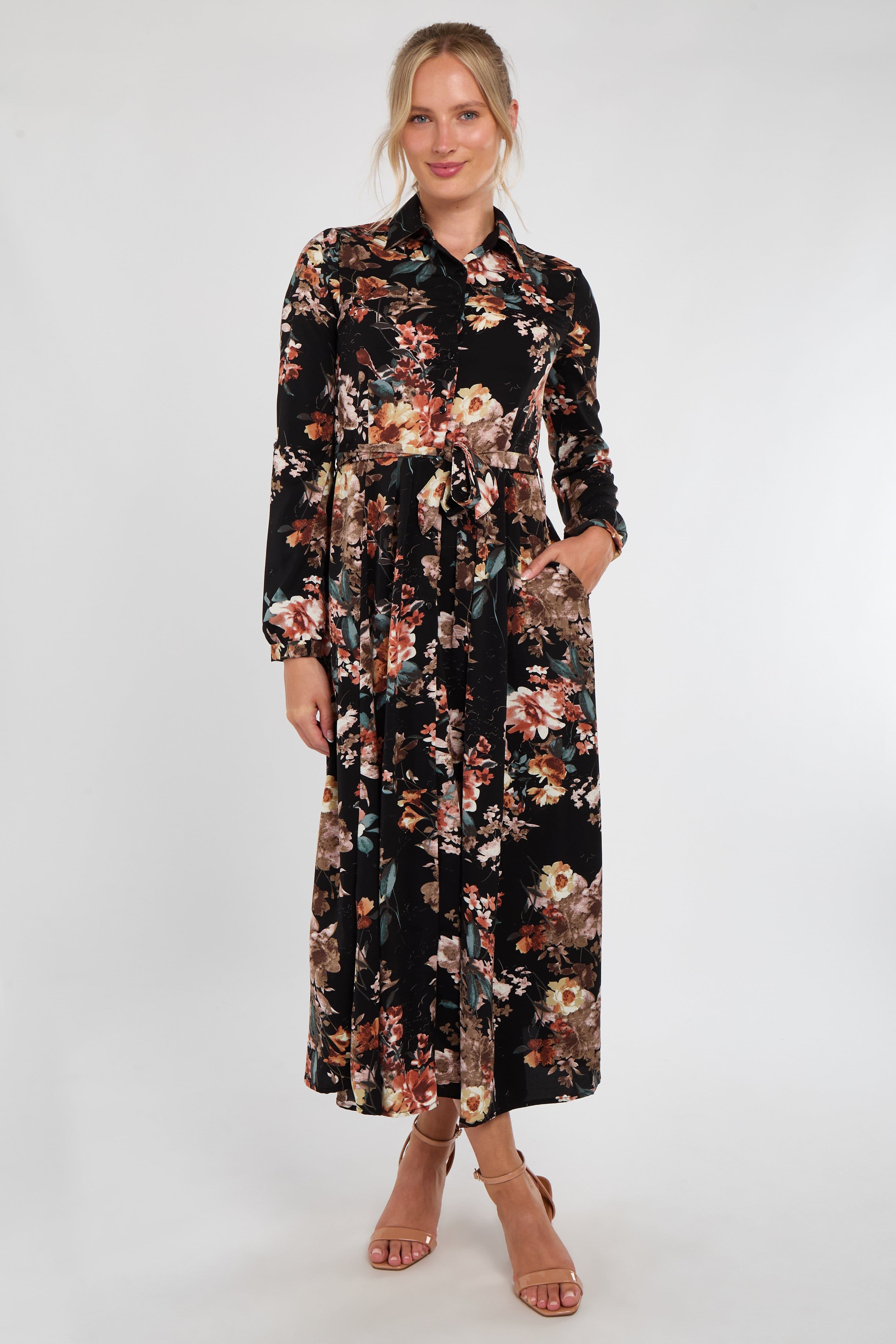 Autumnal Floral Print Midaxi Shirt Dress