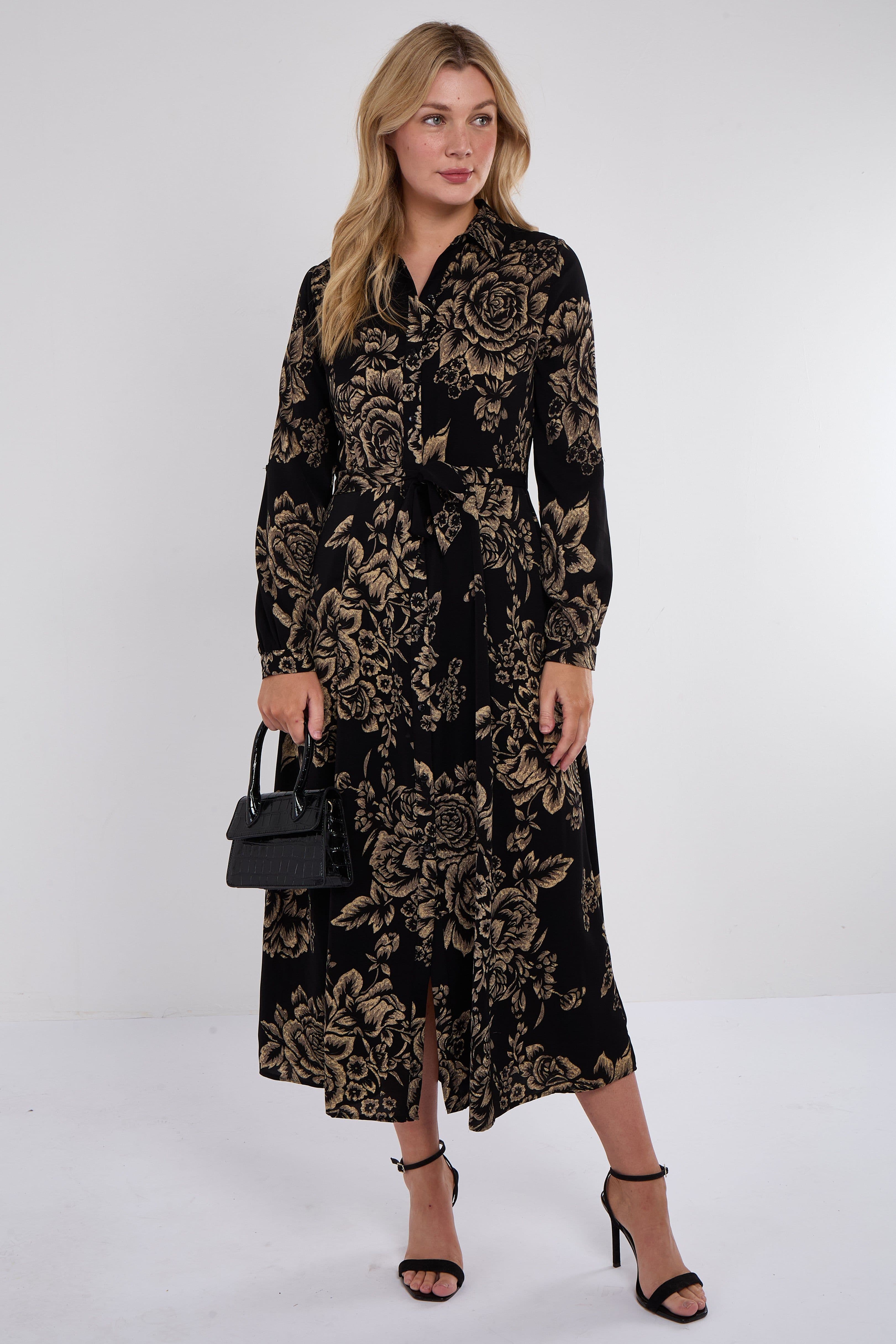 & Gold Vintage Rose Print Maxi Shirt Dress