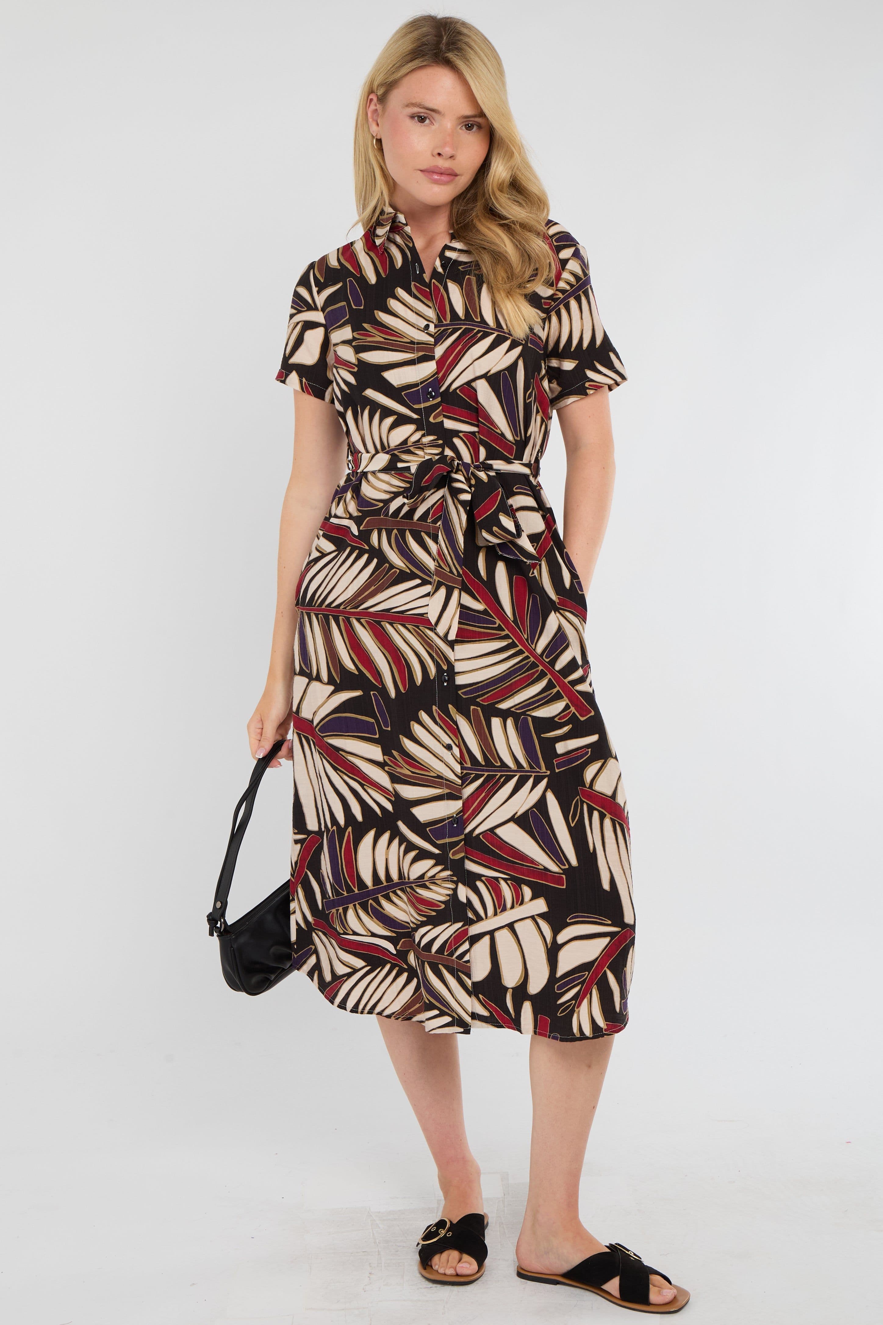 Bold Leaf Print Midi Shirt Dress