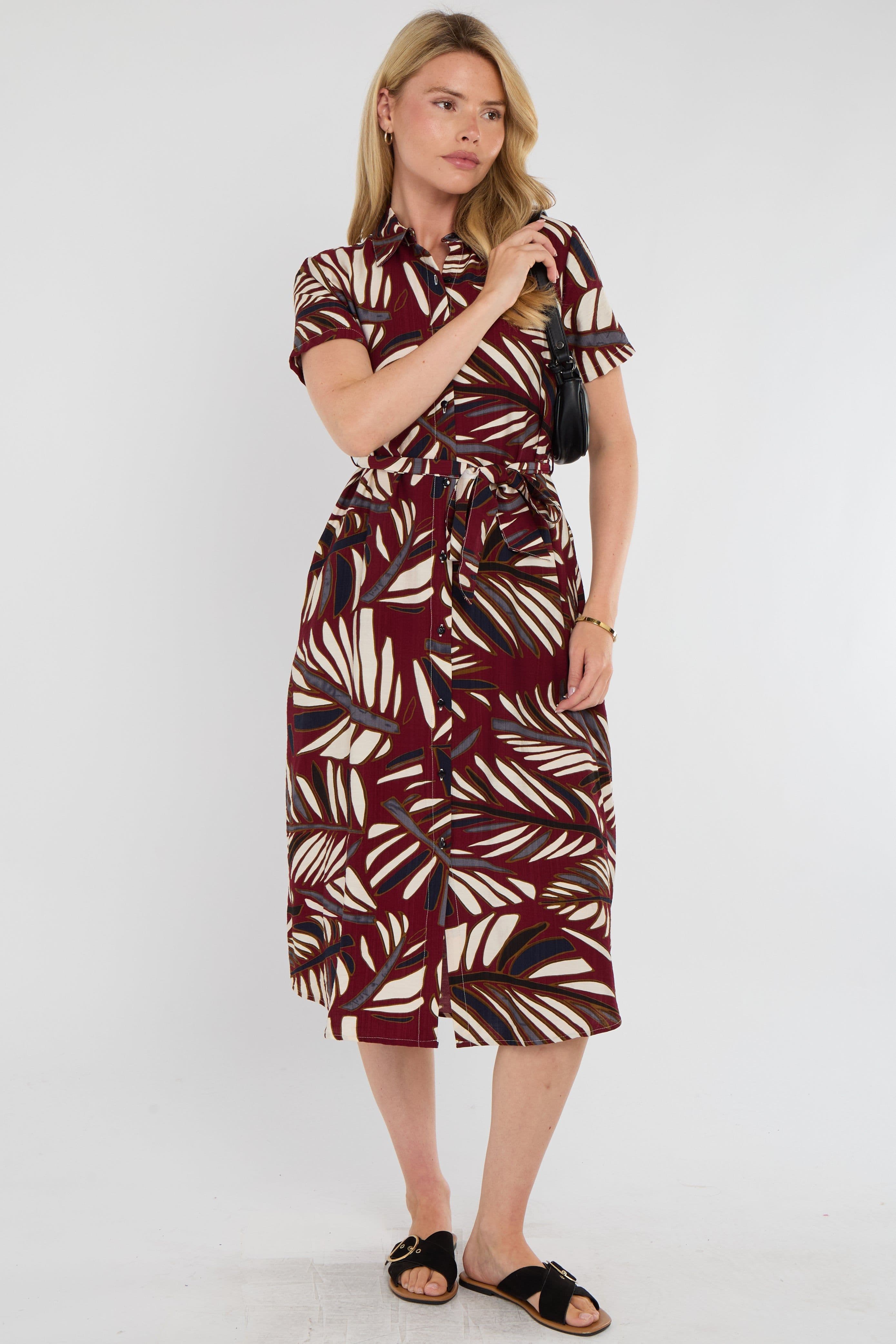 Bold Leaf Print Midi Shirt Dress Wine