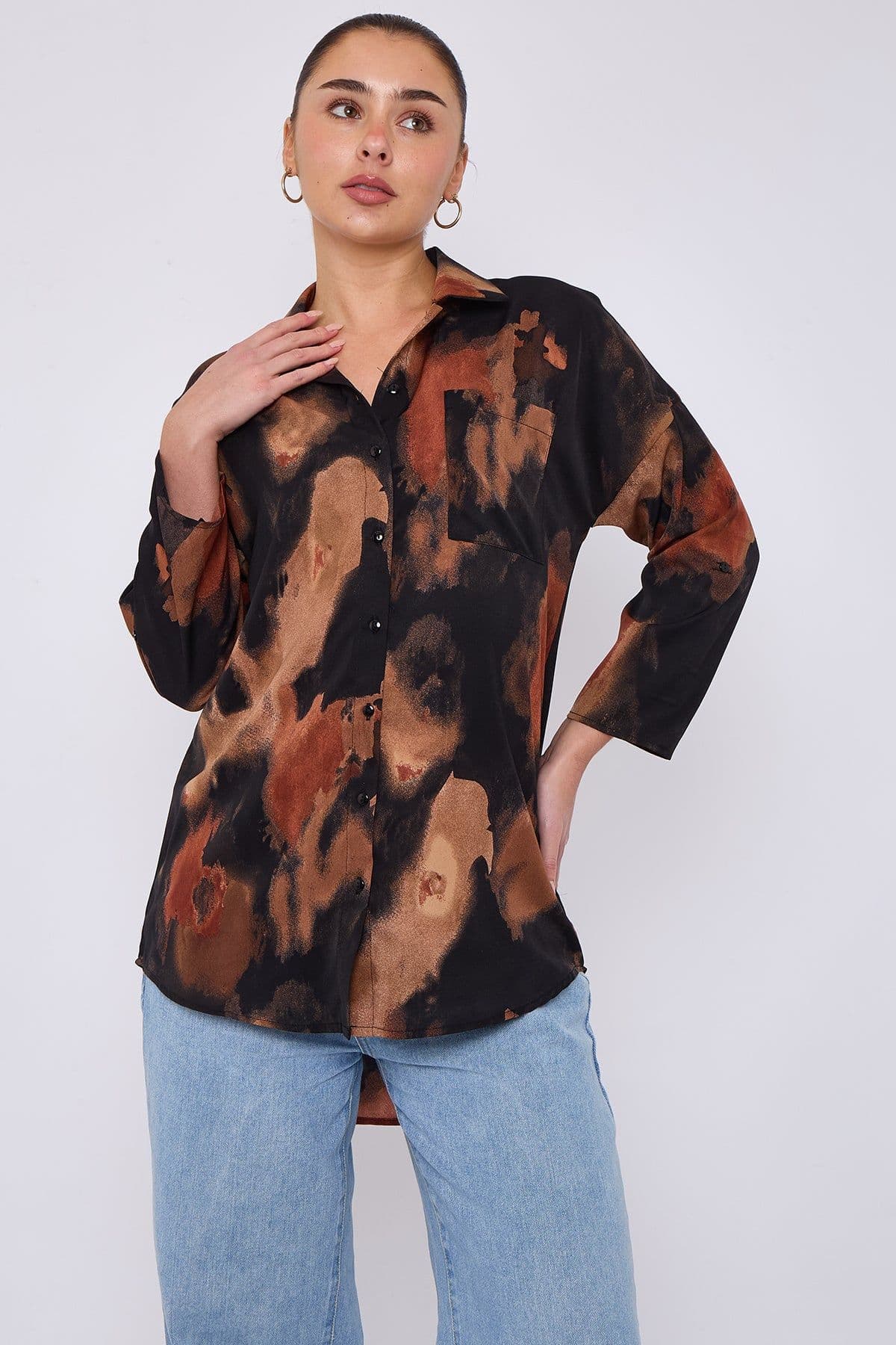 Rust & Brushstroke Print Oversized Shirt Brown