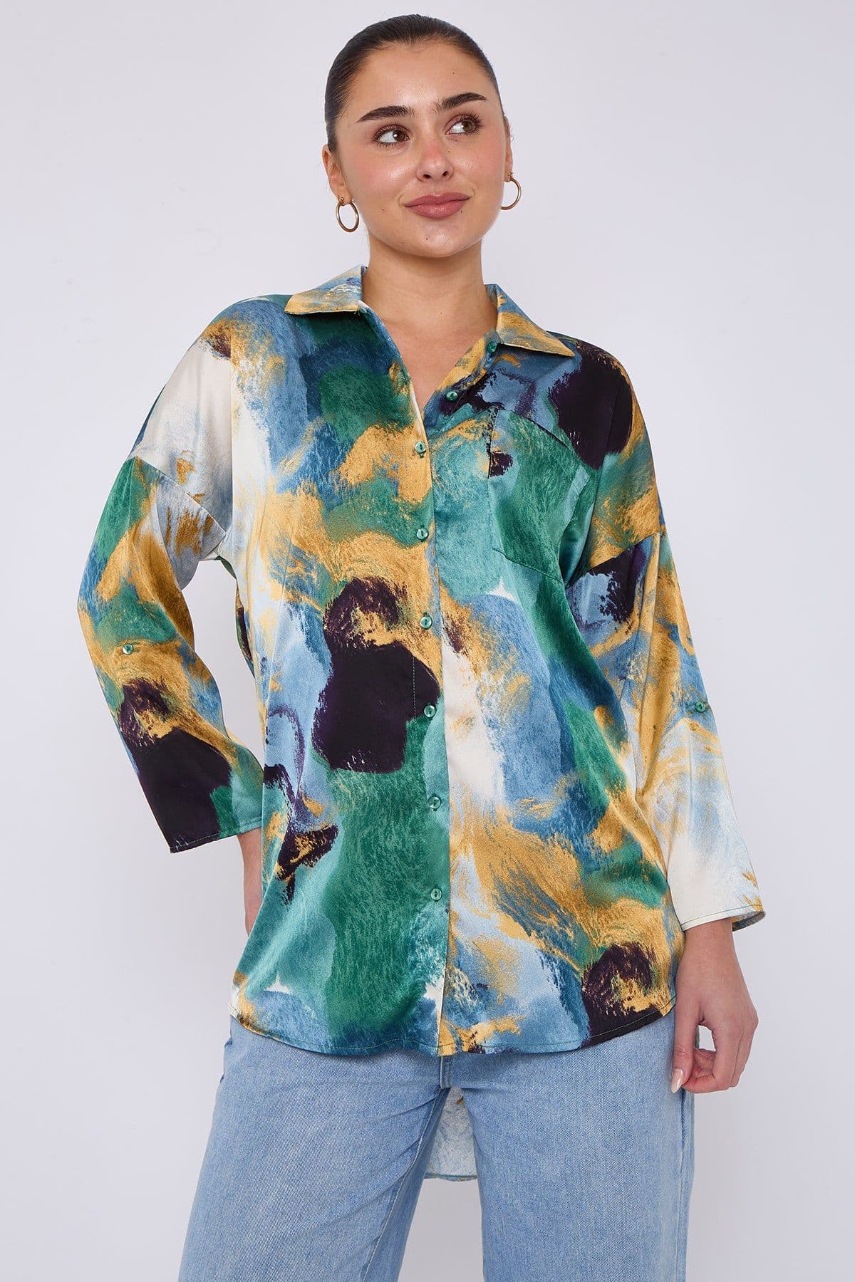 Emerald & Watercolour Print Satin Shirt