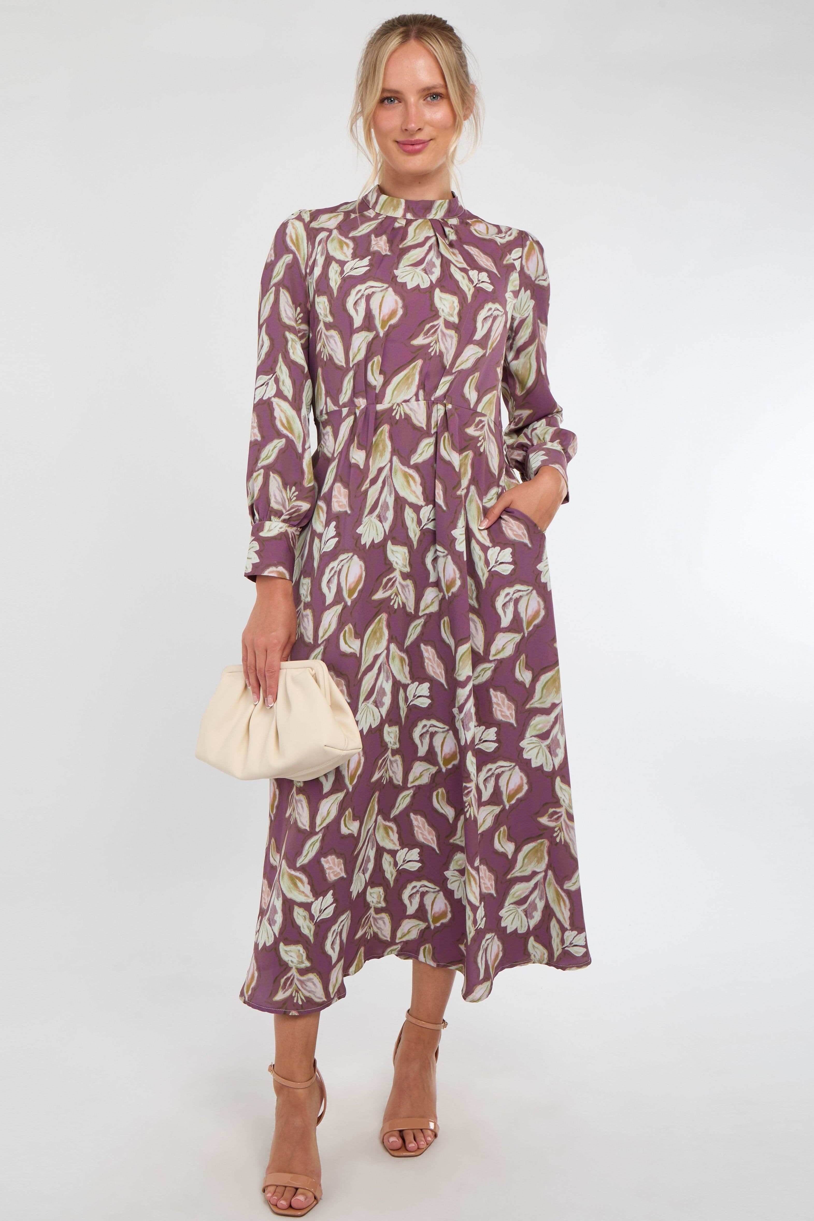 Dusky Leaf Print Pleated Skirt Maxi Dress