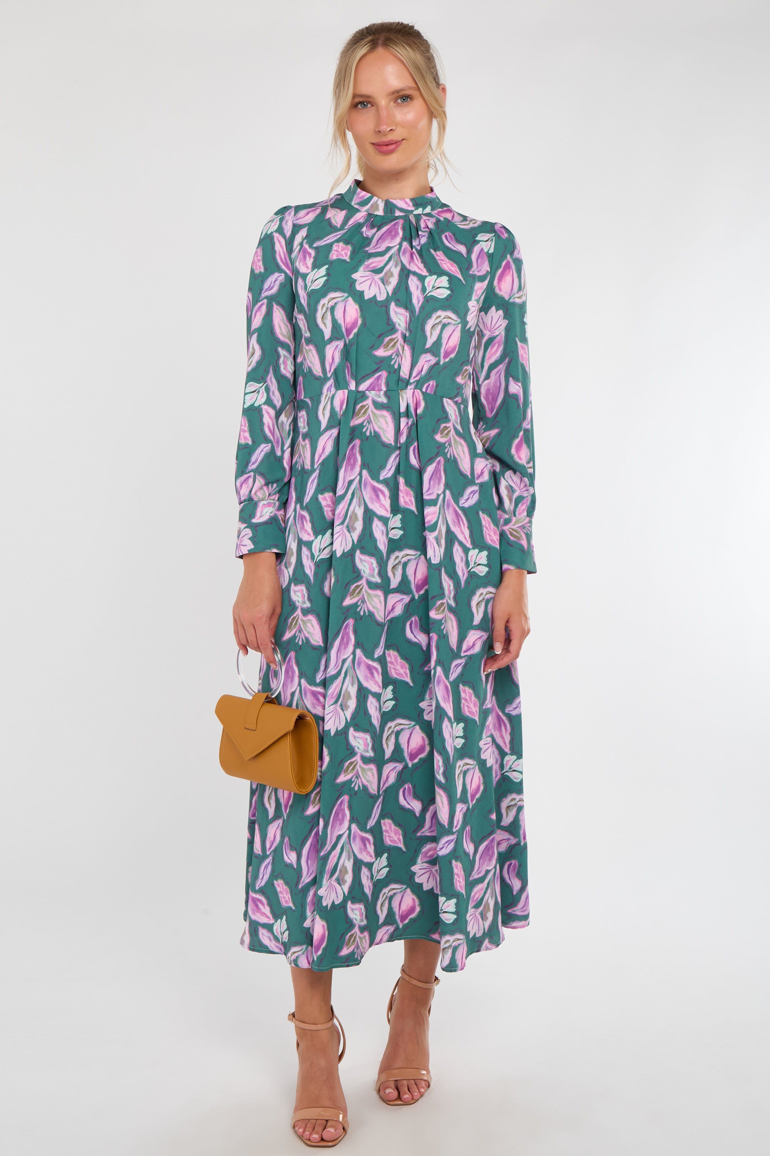 Teal & Lilac Leaf Print Pleated Skirt Maxi Dress