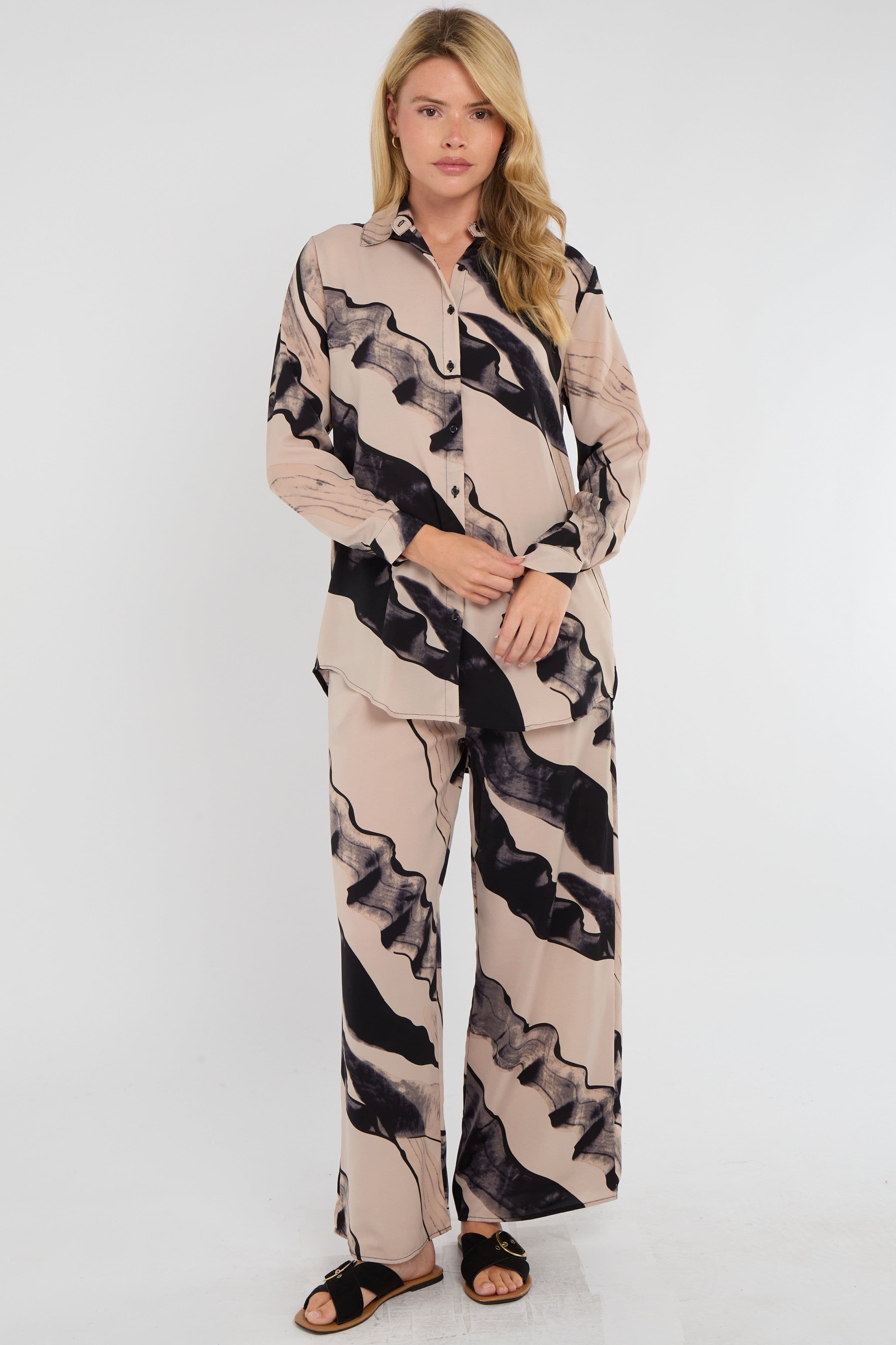 Beige & Abstract Brushstroke Print Co Ord Set