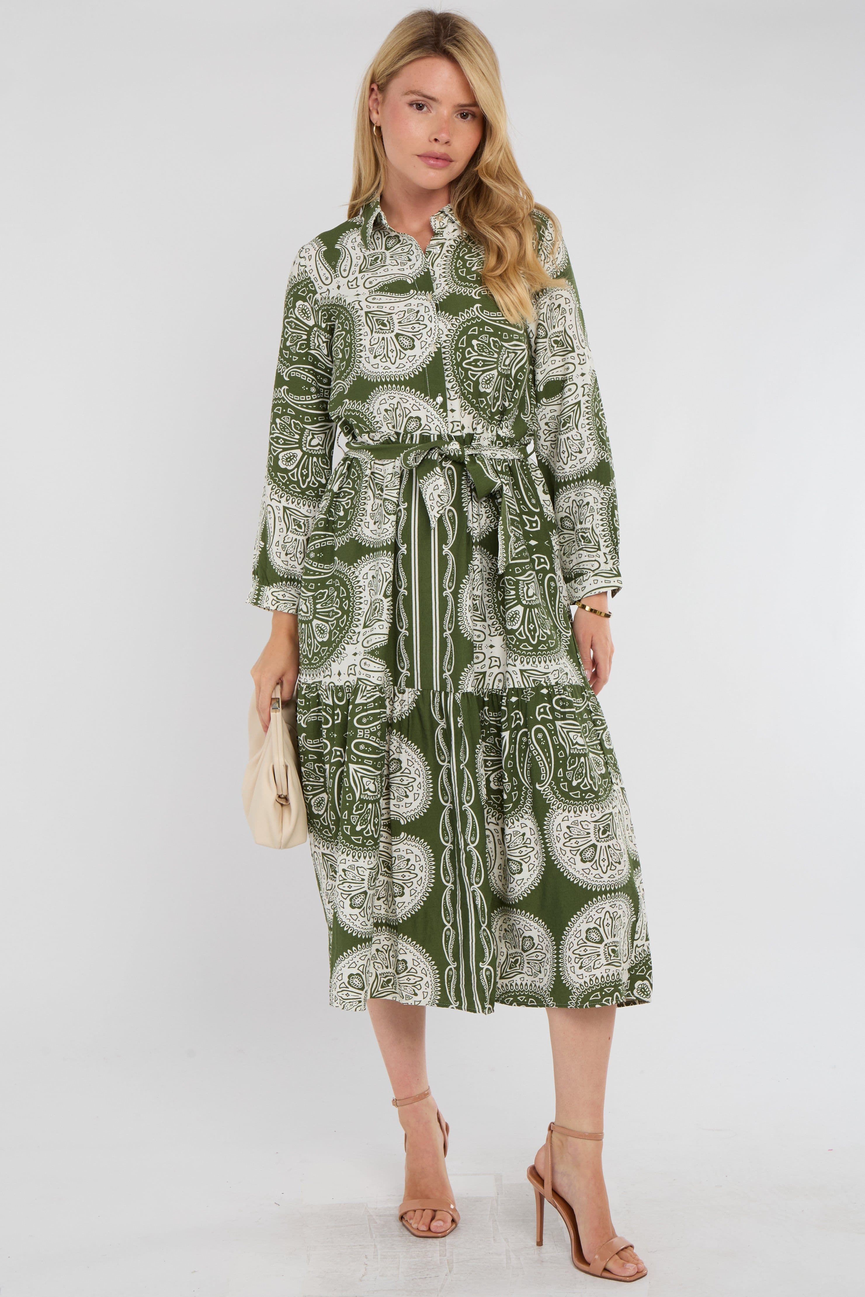 Boho Paisley Tile Print Tiered Midi Shirt Dress