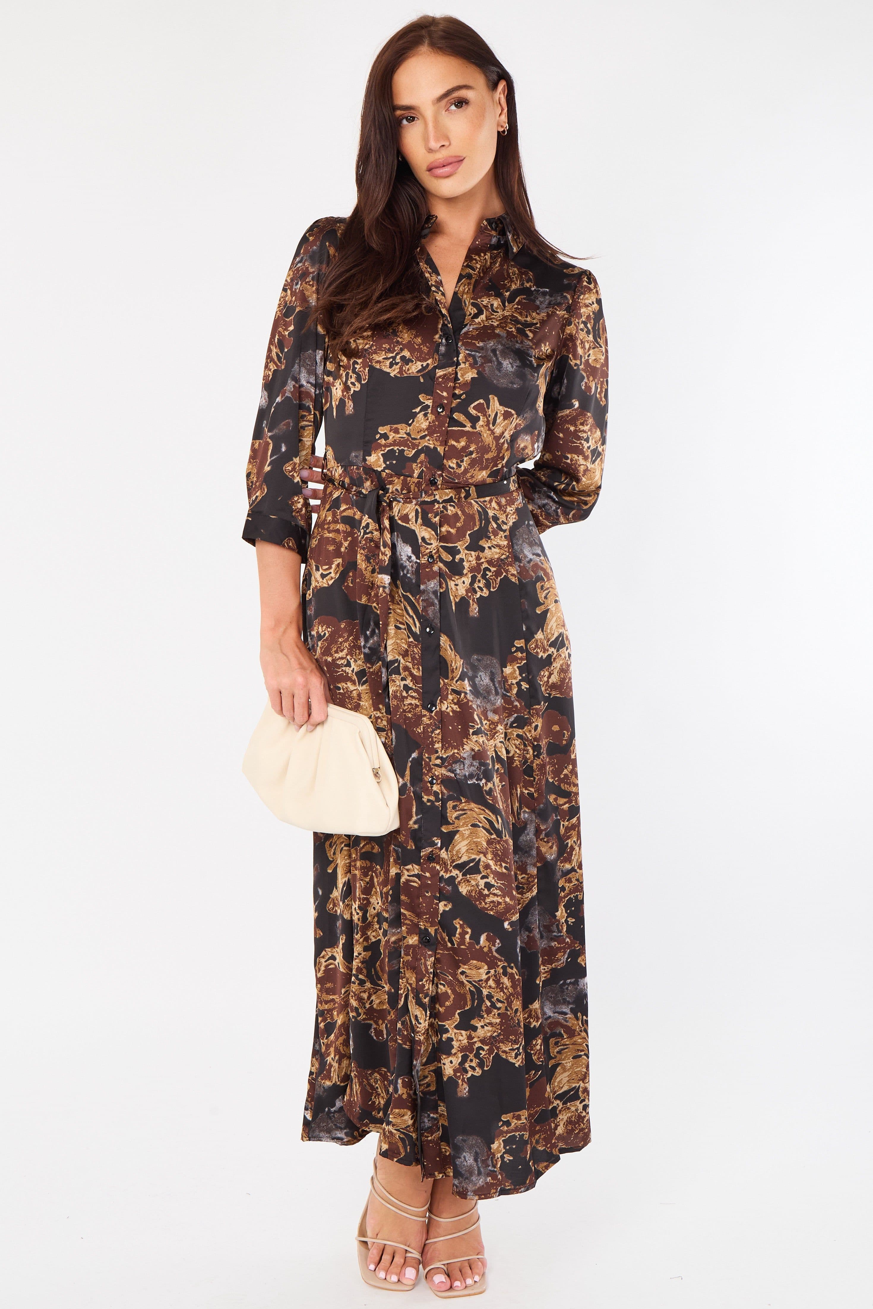 Brown & Abstract Floral Print Satin Maxi Shirt Dress