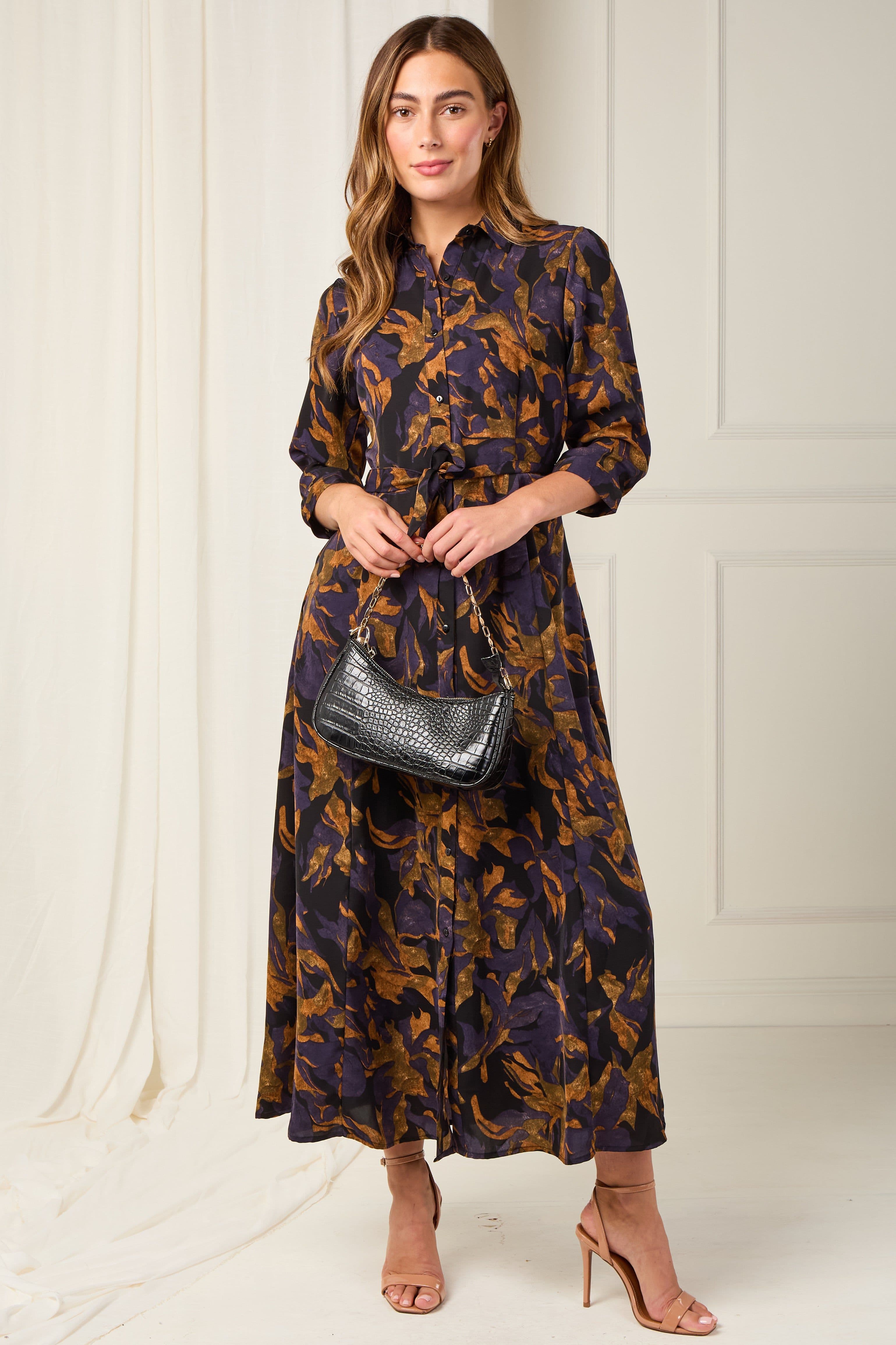 Purple Bronze Leaf Print Maxi Shirt Dress