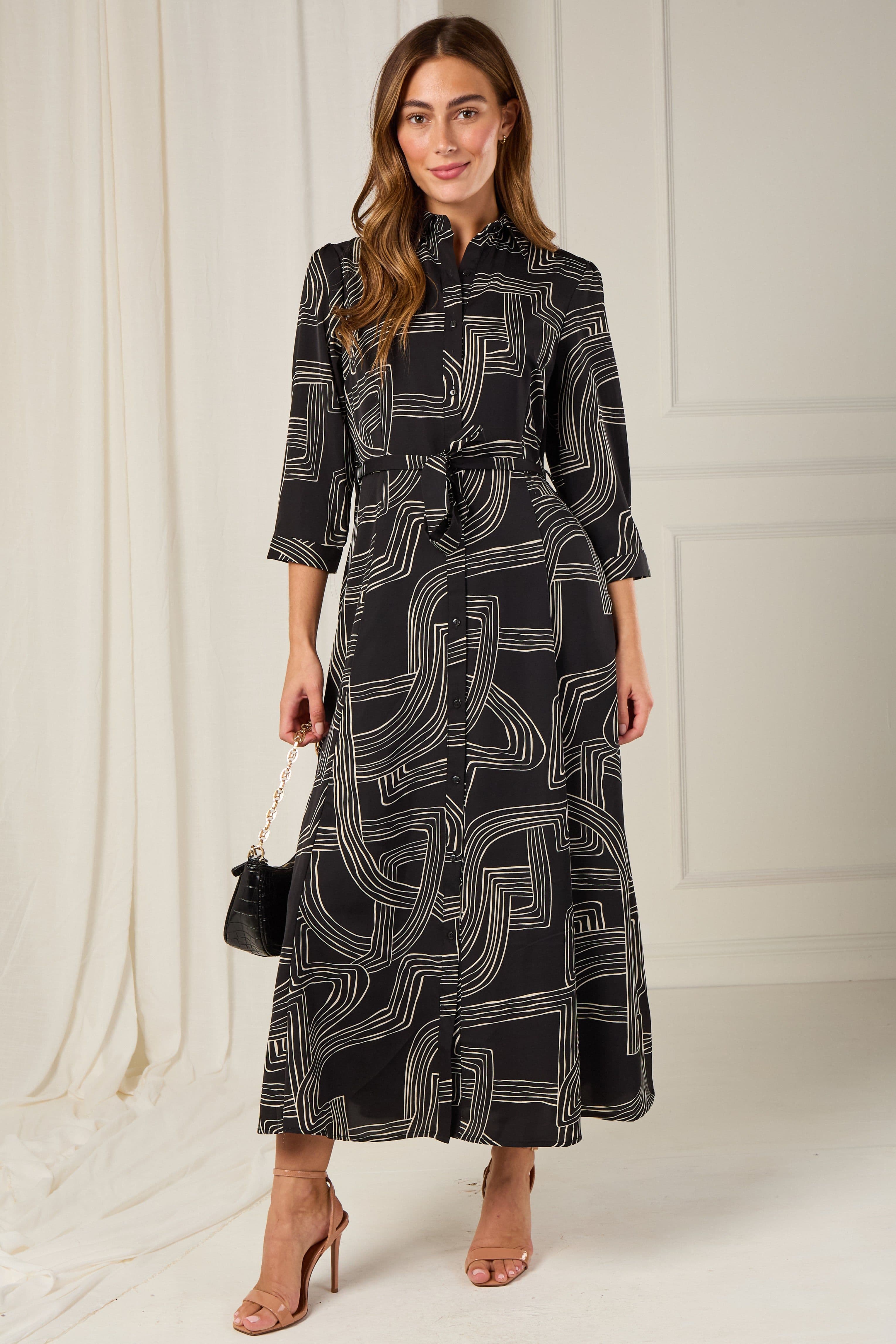 Mono Geometric Maze Print Maxi Shirt Dress