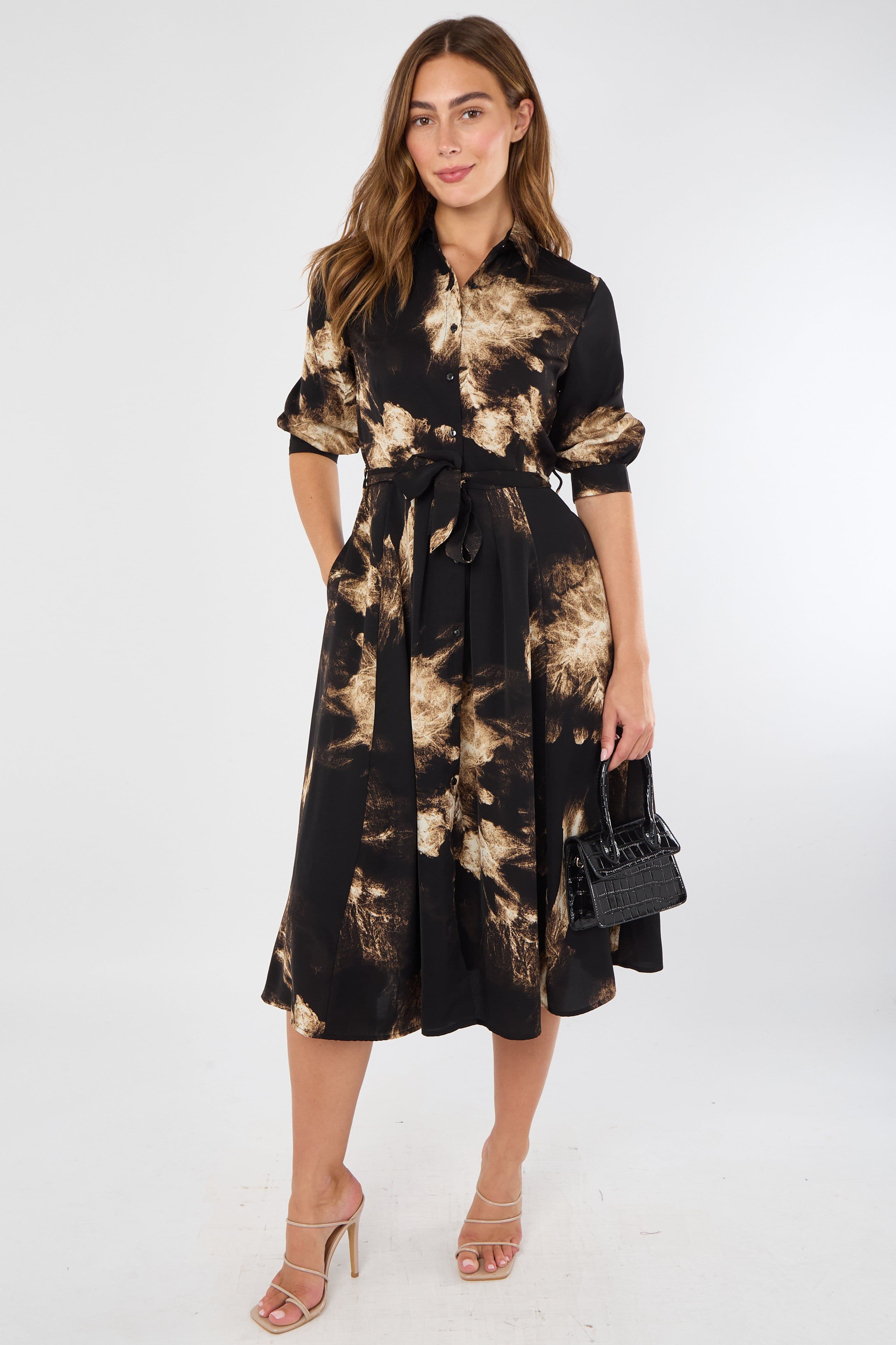 & Caramel Tie Dye Effect Midi Shirt Dress