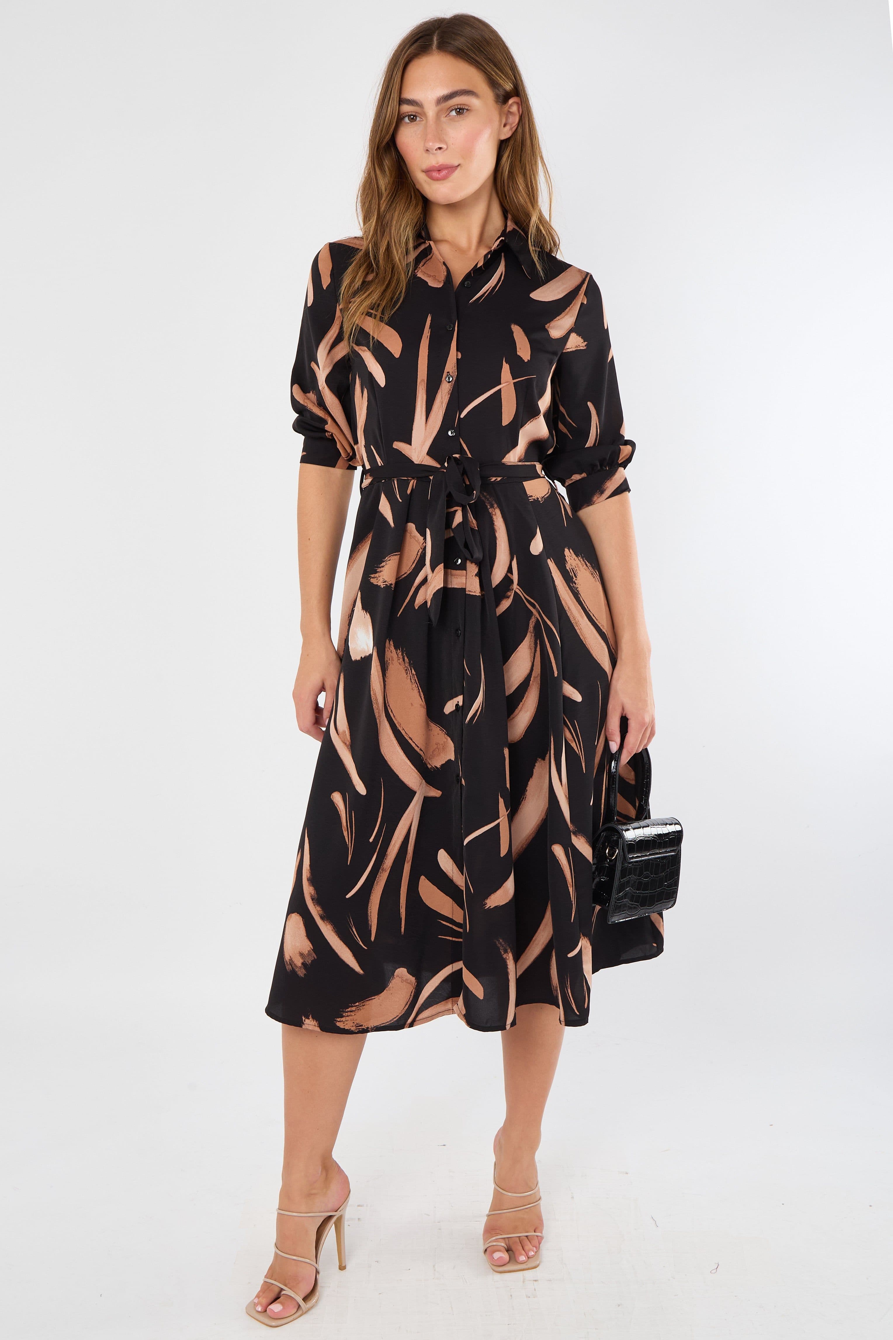 & Copper Painterly Print Midi Shirt Dress
