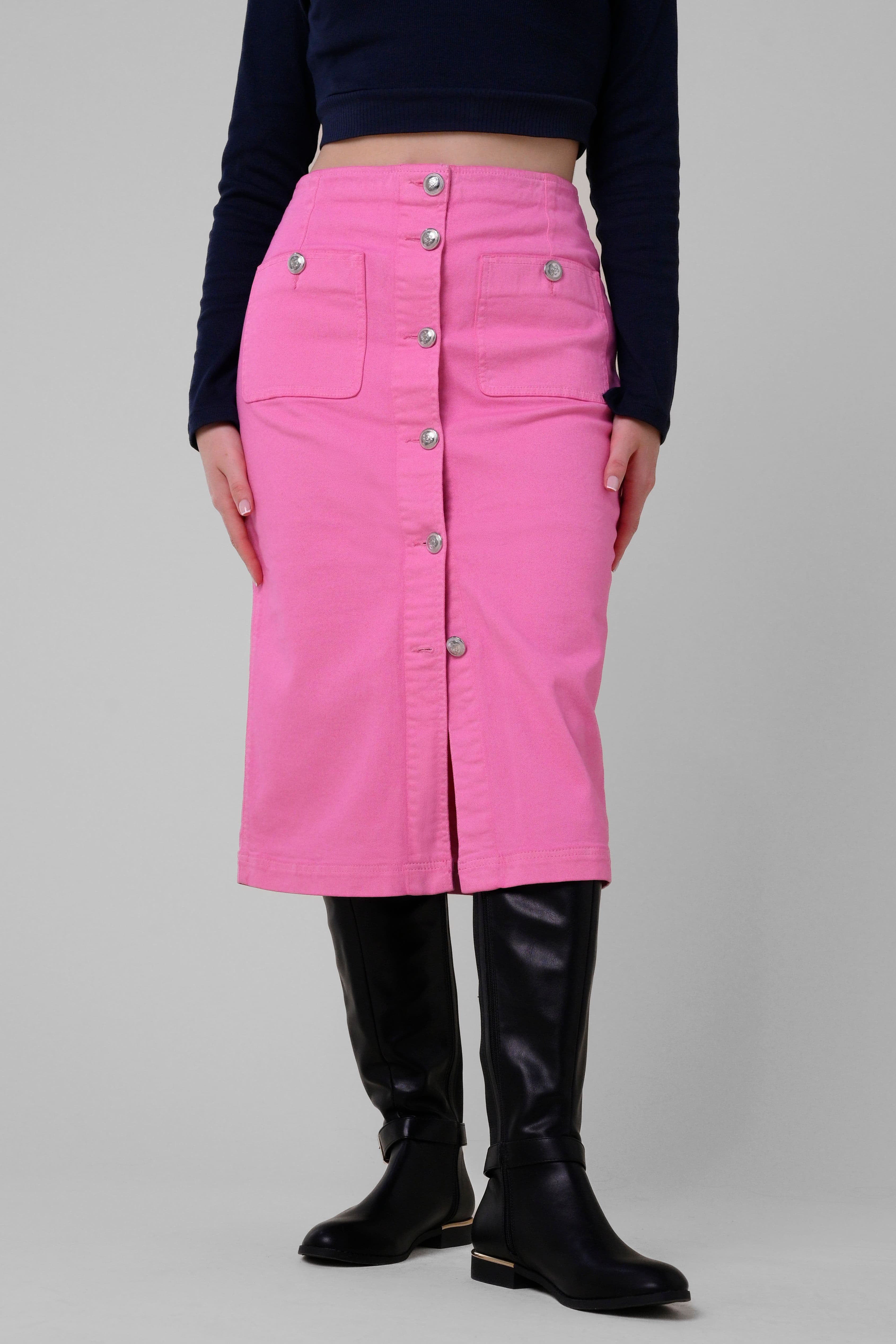 Button Through Colored Denim Skirt