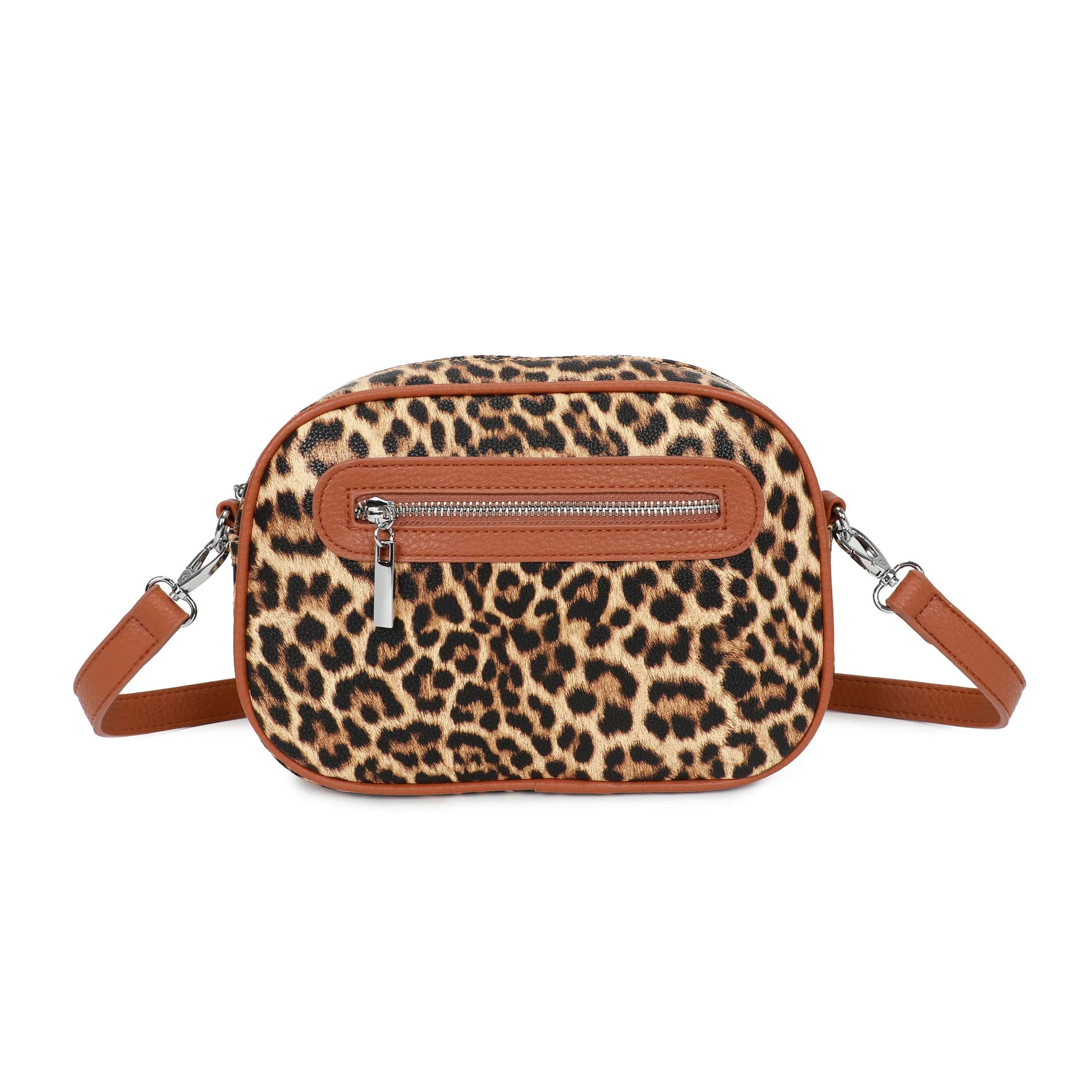 Leopard Cow Print Front Zipper Pocket Spacious Crossbody Camera Bag Detachable Strap Dark