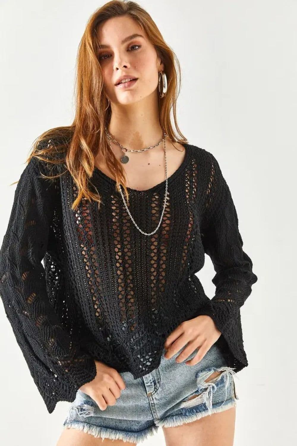 Regular Fit Crochet Knit Sweater Flared Sleeves