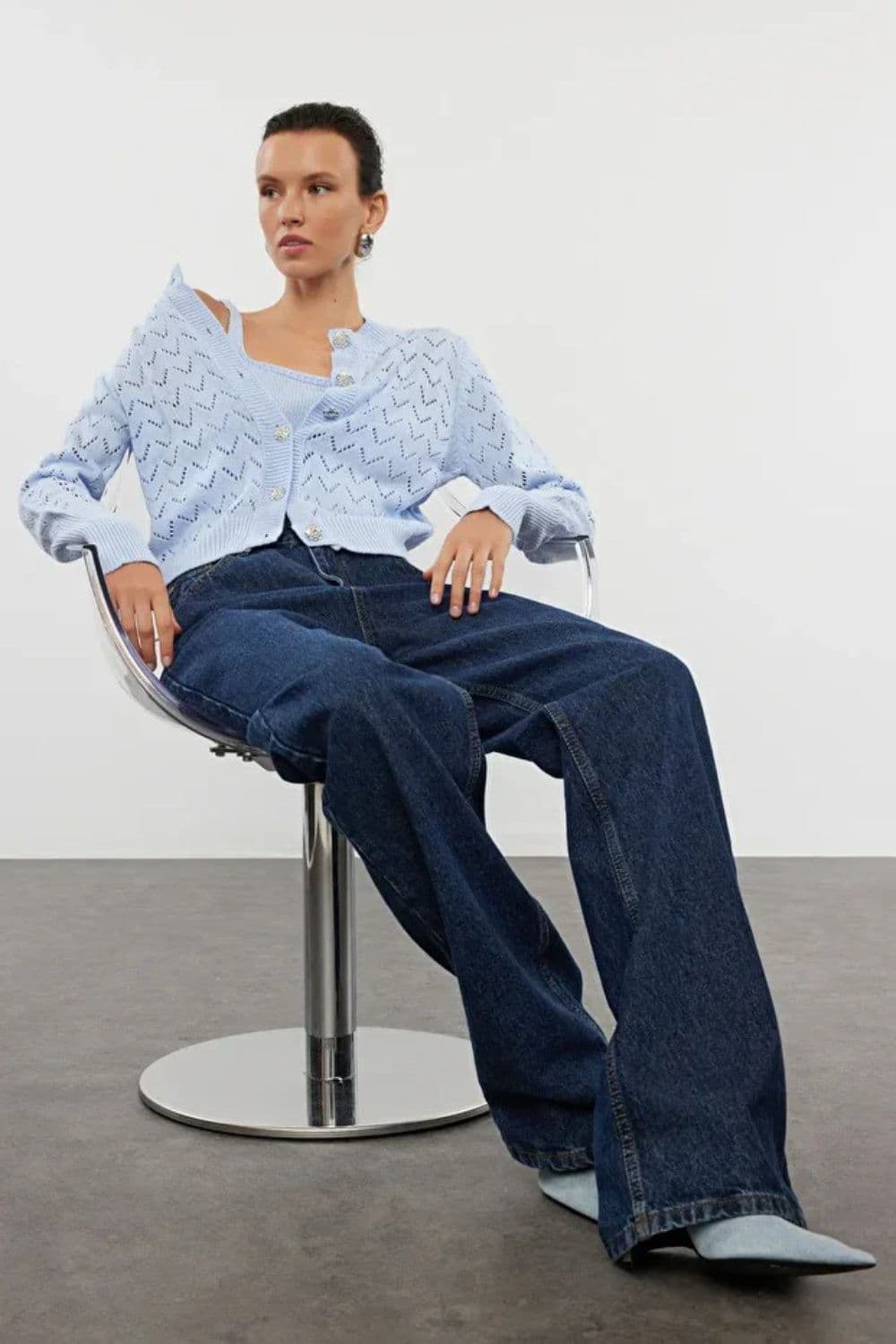 Openwork Knit Cropped Cardigan Decorative Buttons
