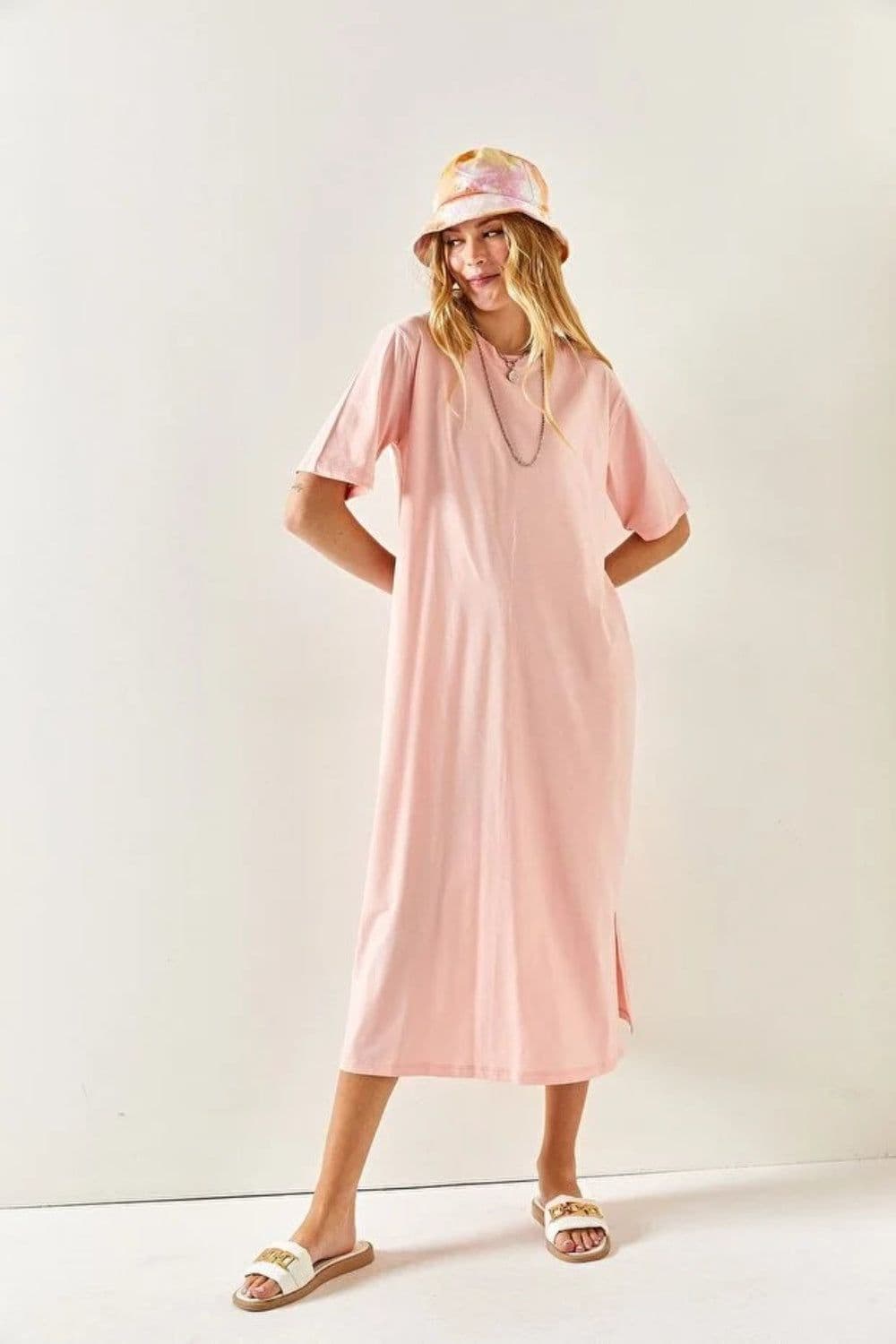 Oversized Cotton T Shirt Dress Side Slit Light