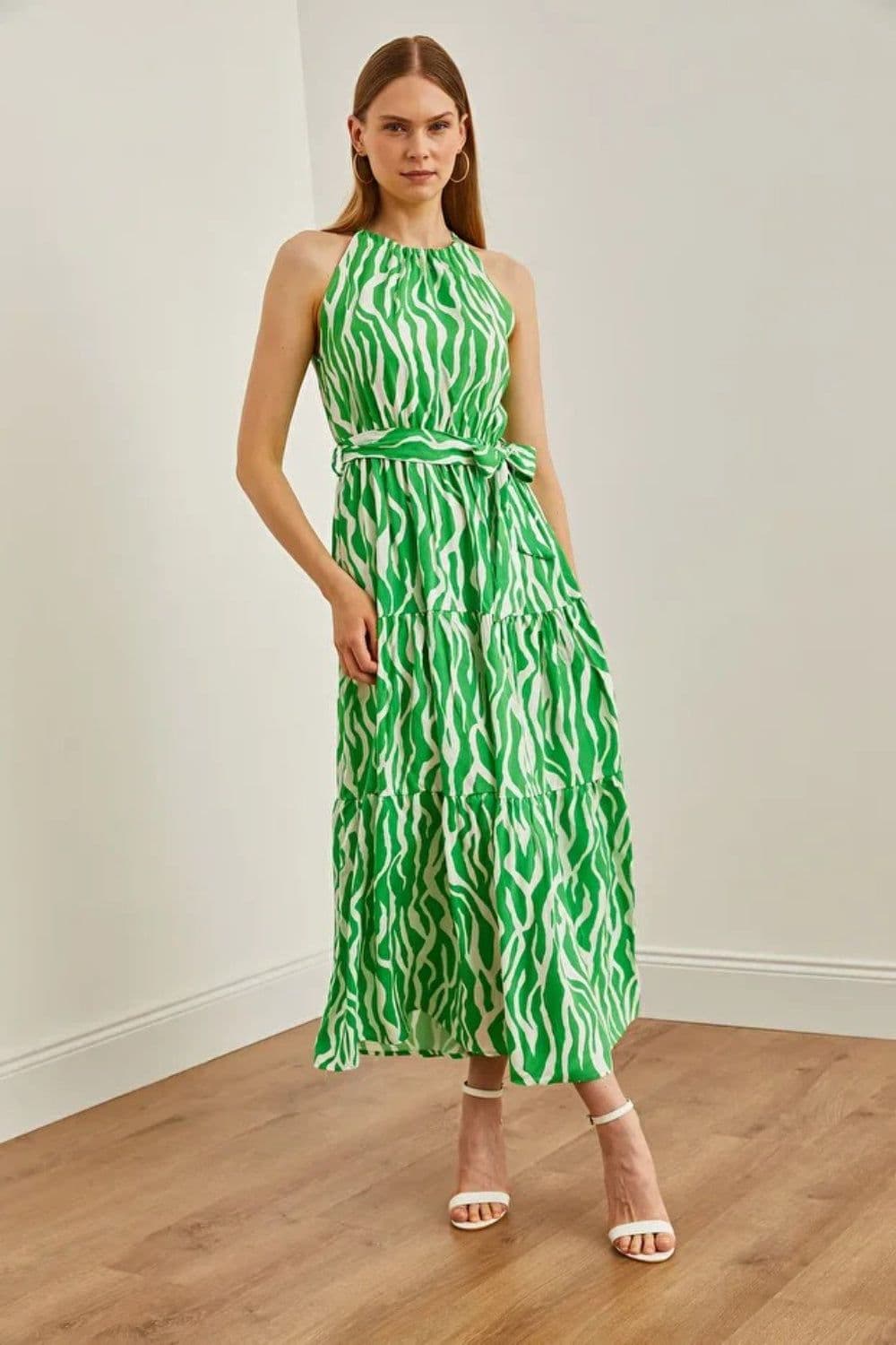 Regular Fit Halter Neck Belted Midi Dress Bright