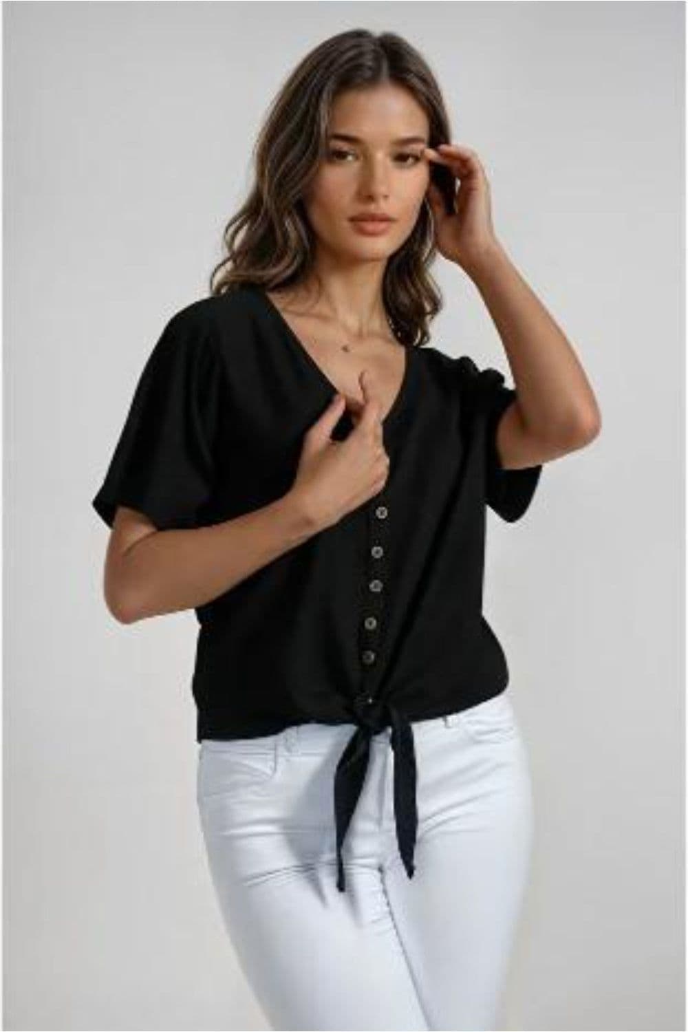 Regular Fit Casual Short Sleeve Blouse Button Front & Tie Detail