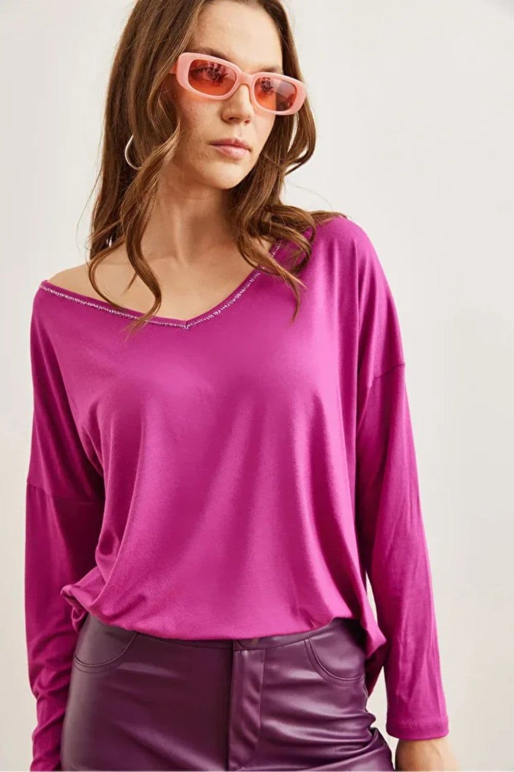Regular Fit Casual V Neck Blouse Stitch Detail