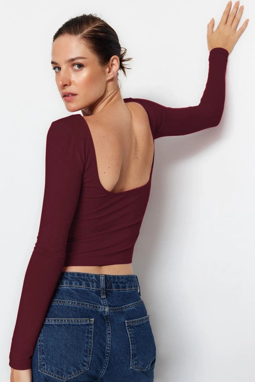 Cotton Rich Long Sleeve Top Open Back Detail