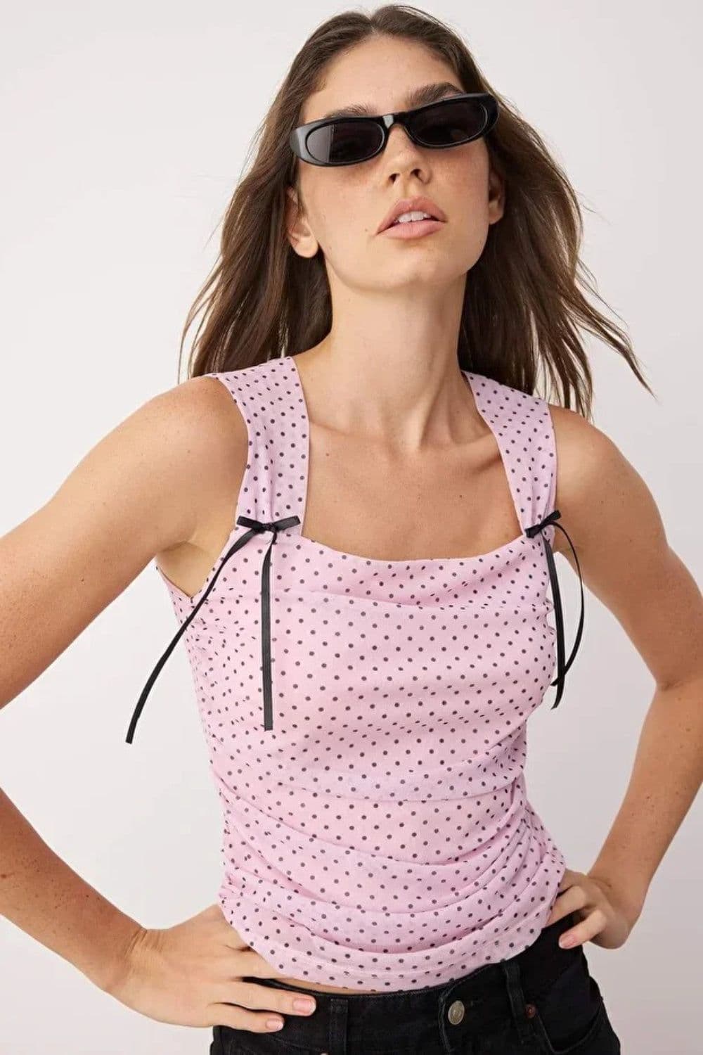 Square Neck Ruched Sides Crop Top Shoulder Bow Detail