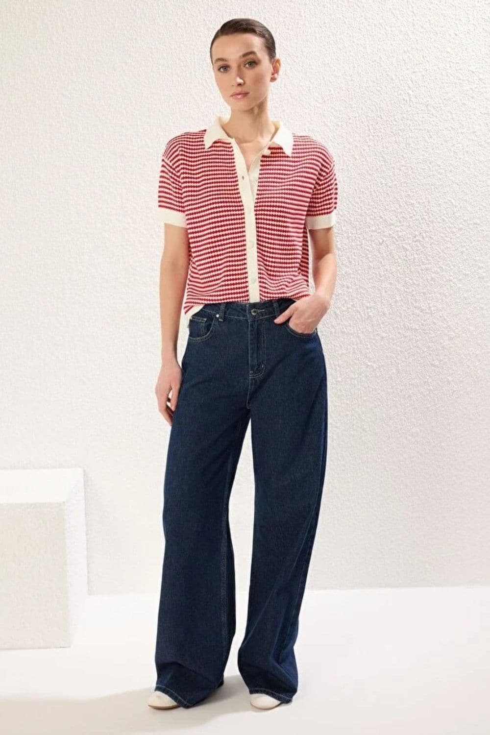 Fitted Striped Polo Knit Top Short Sleeve