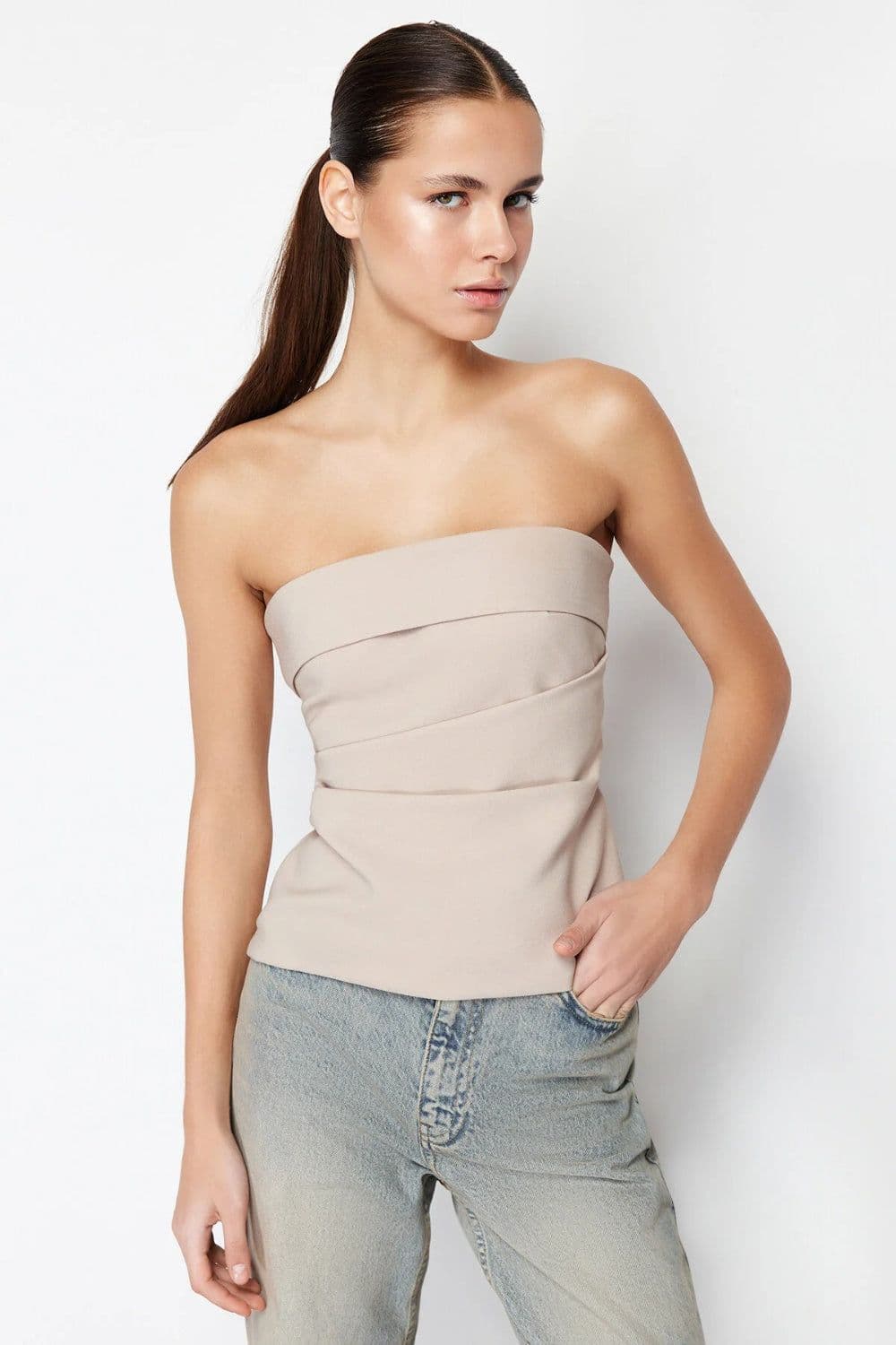 Strapless Draped Fitted Woven Top
