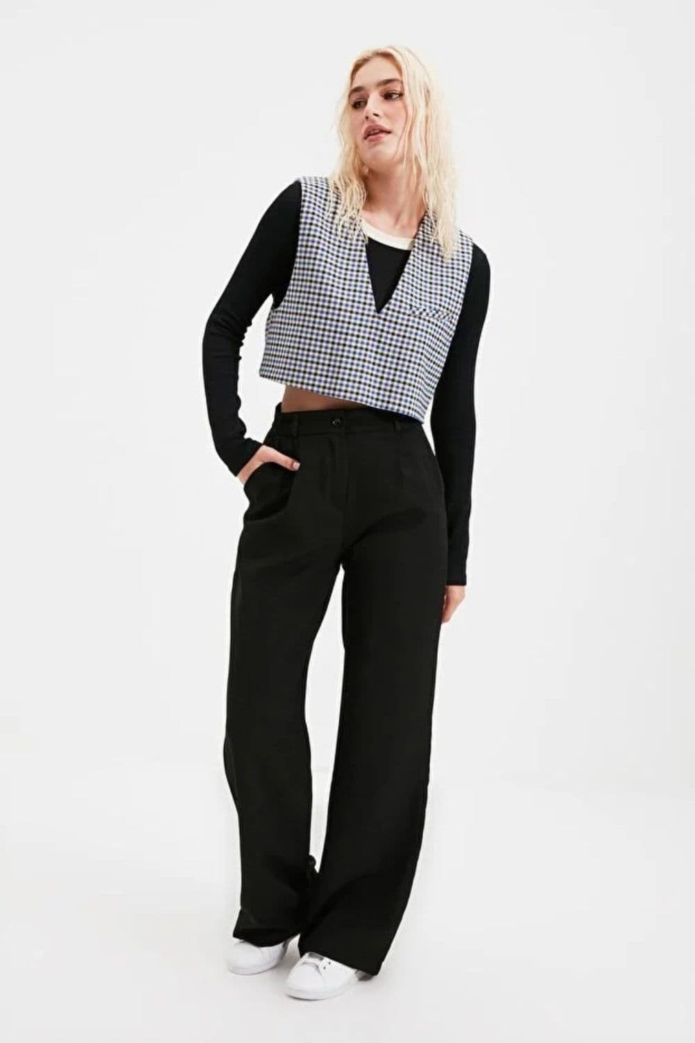 High Waist Wide Leg Woven Pleated Trousers