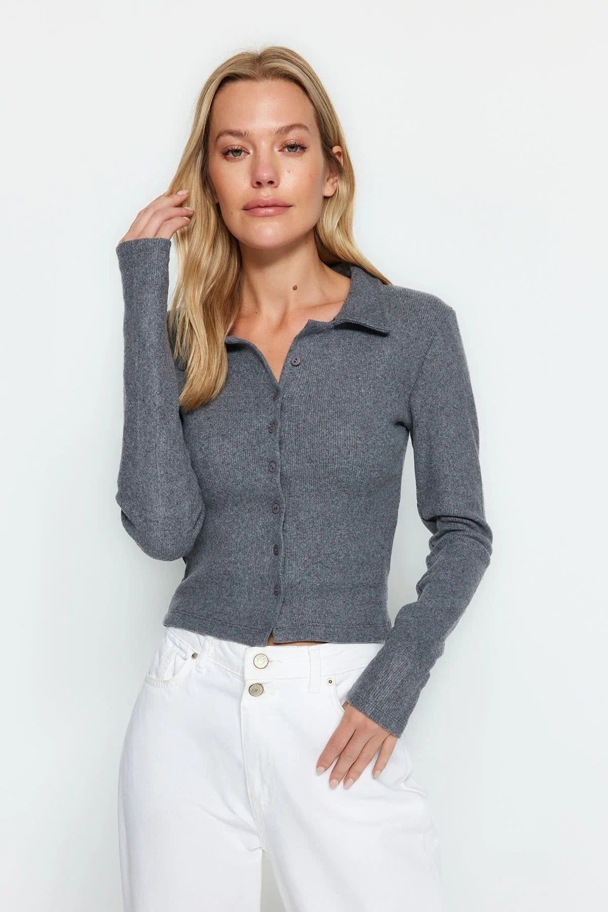 Bodycon Ribbed Stretch Polo Neck Crop Top Button Detail